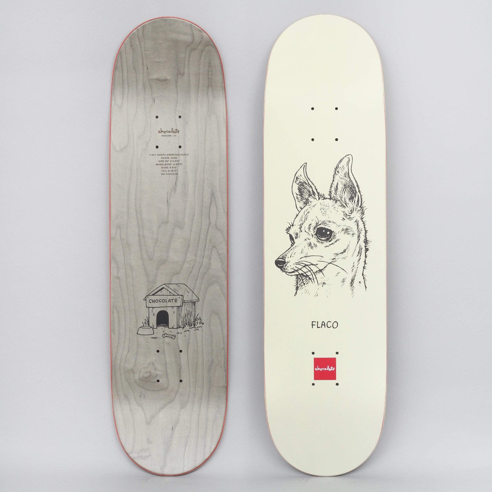 Chocolate Stevie Perez Big Dawg Cream skateboard deck: Cream deck with a fine black pen-and-ink portrait of a chihuahua's head in profile, captioned with its name above a small red Chocolate square logo.