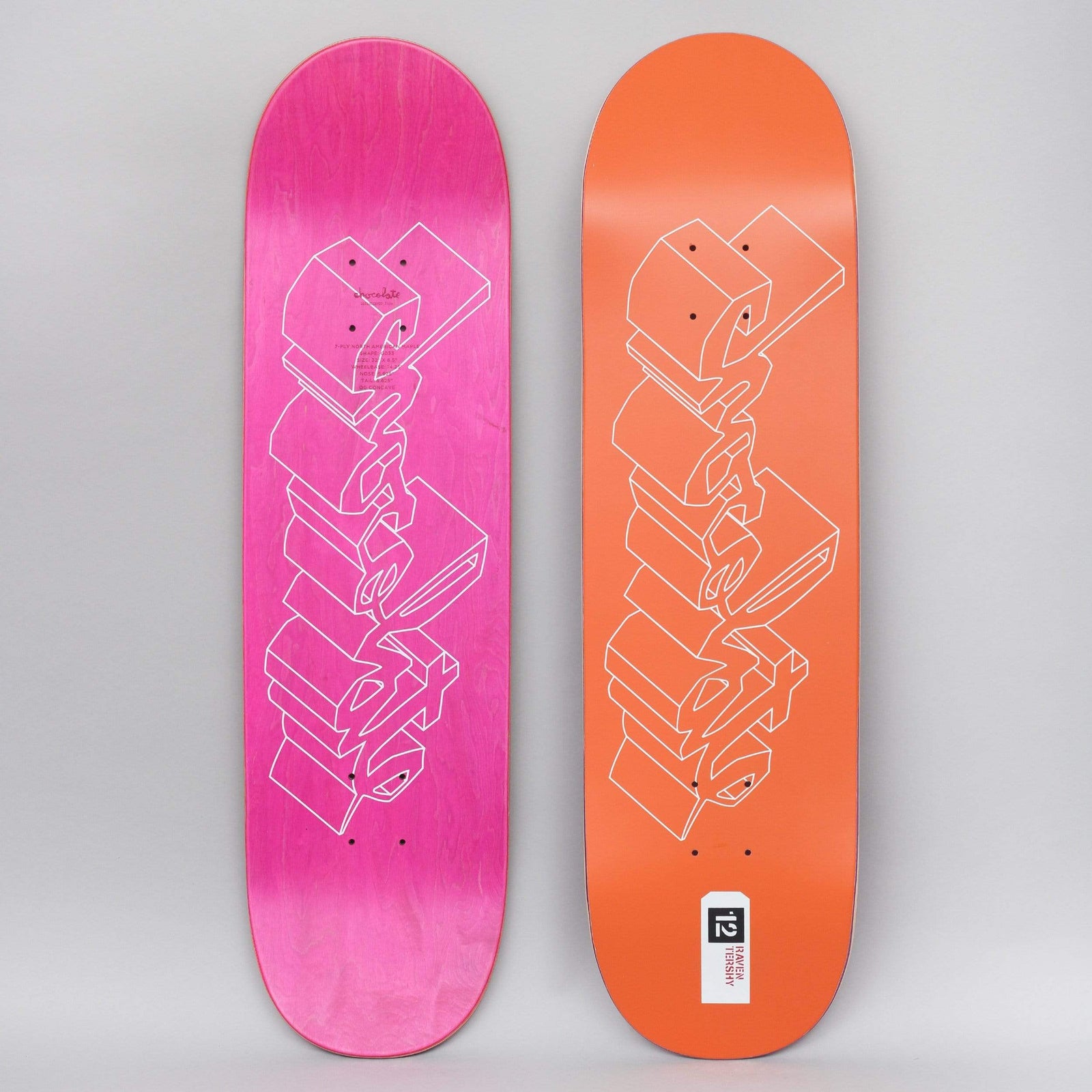 Chocolate Raven Tershy 3D Chunk Orange skateboard deck: Orange deck with a white outline drawing of the Chocolate logo as stacked 3D block letters, a small numbered label near the tail. A pink-stained bottom view is shown alongside.