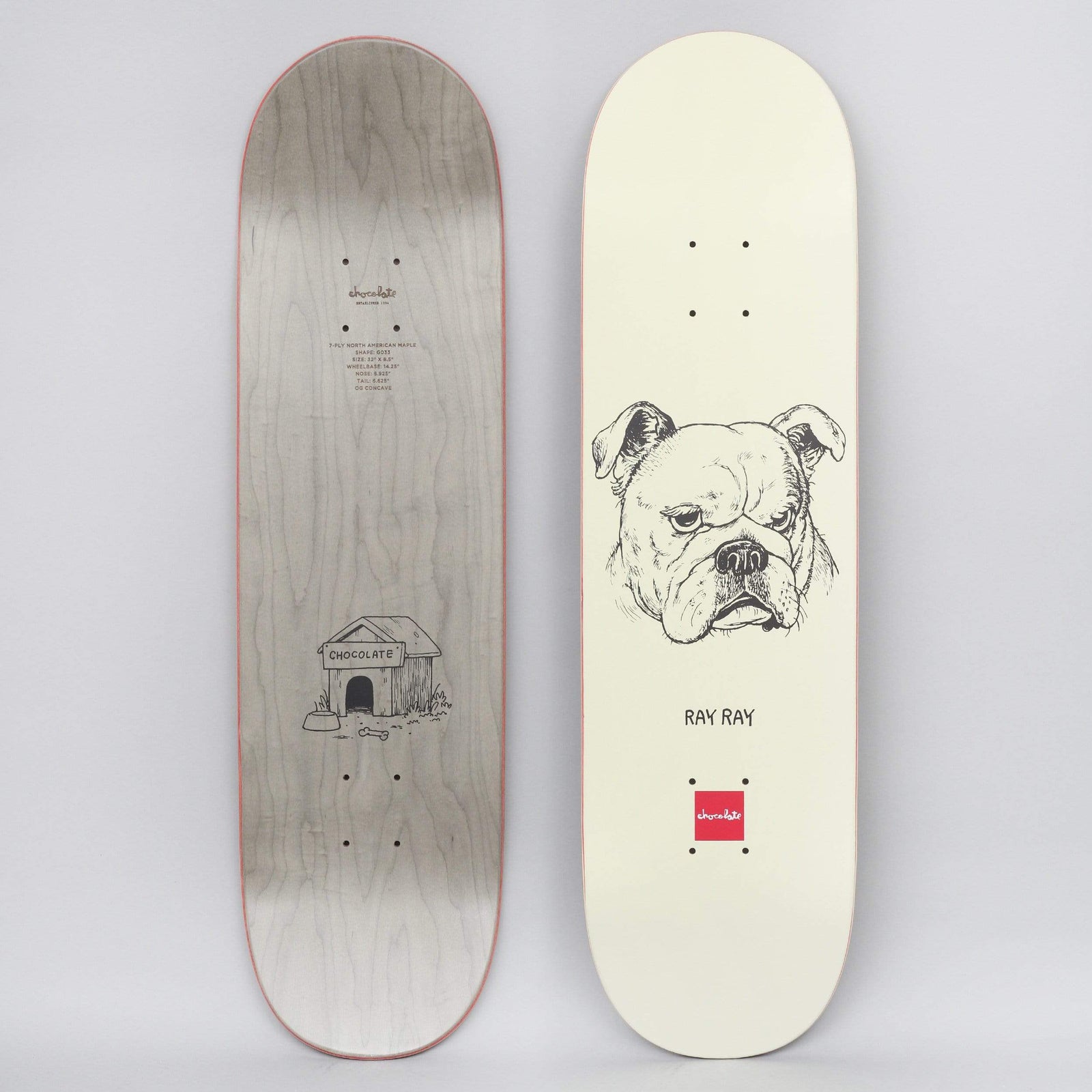 Chocolate Raven Tershy Big Dawg Cream skateboard deck: A black ink drawing of a grumpy bulldog's head on a cream deck, with Ray Ray beneath and the red Chocolate square logo near the tail. The underside shows a drawn kennel.