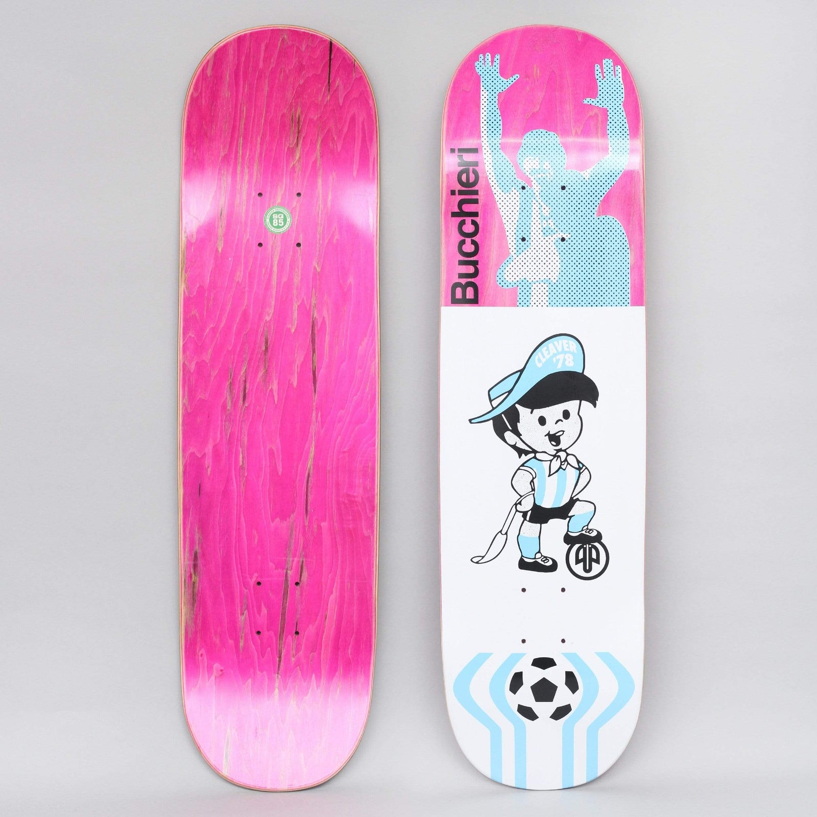 Cleaver Bucchieri 78 skateboard deck: Half pink, half white deck: a cyan halftone silhouette of a figure with arms raised above a cartoon boy in a cap and blue-and-white striped shirt with a foot on a ball, and a football with blue stripes at the tail. Name printed vertically.
