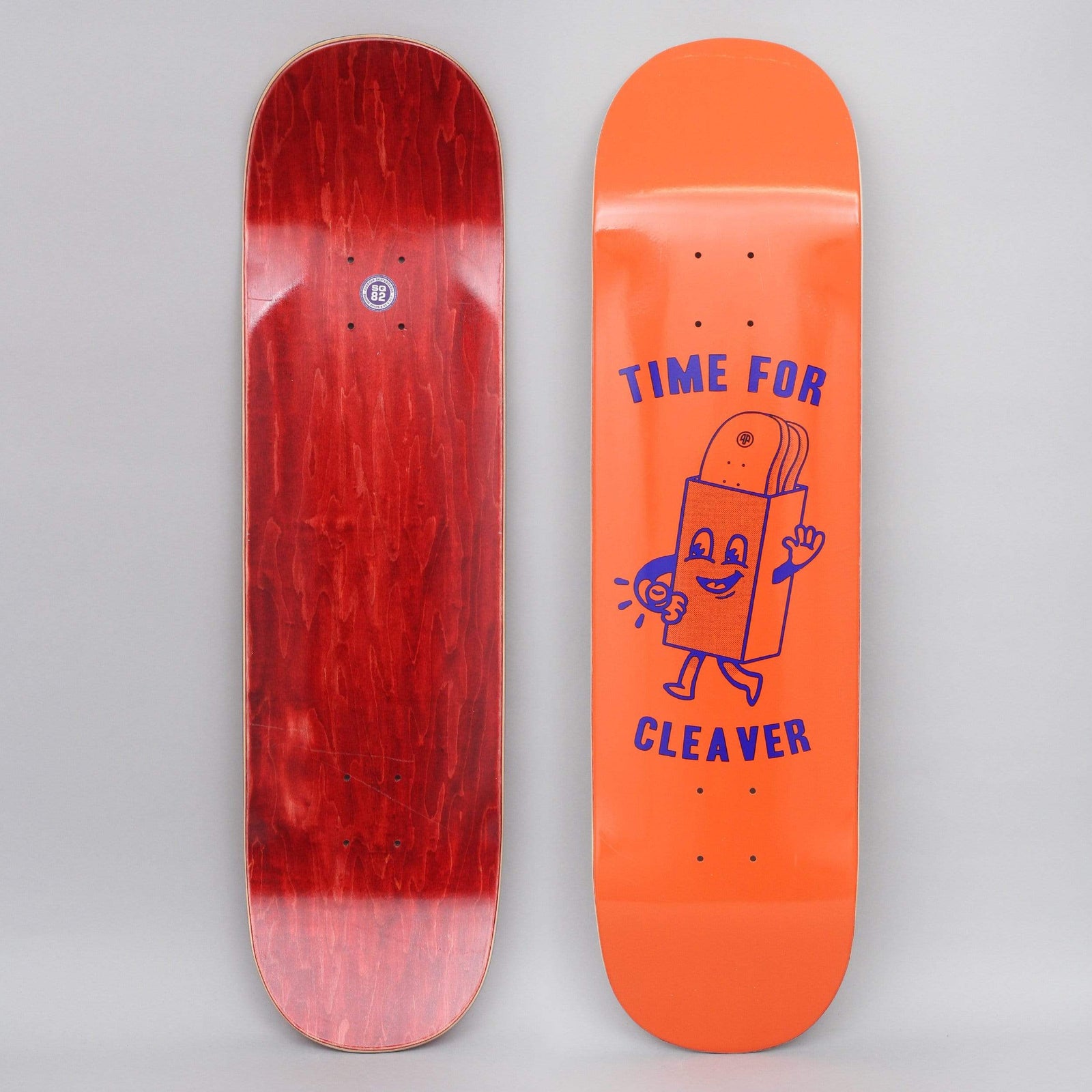 Cleaver Time For Orange skateboard deck: Blue single-colour print on an orange deck of a smiling cartoon deck box character walking with a stack of decks poking out of its top, one hand waving, with the slogan above and below.