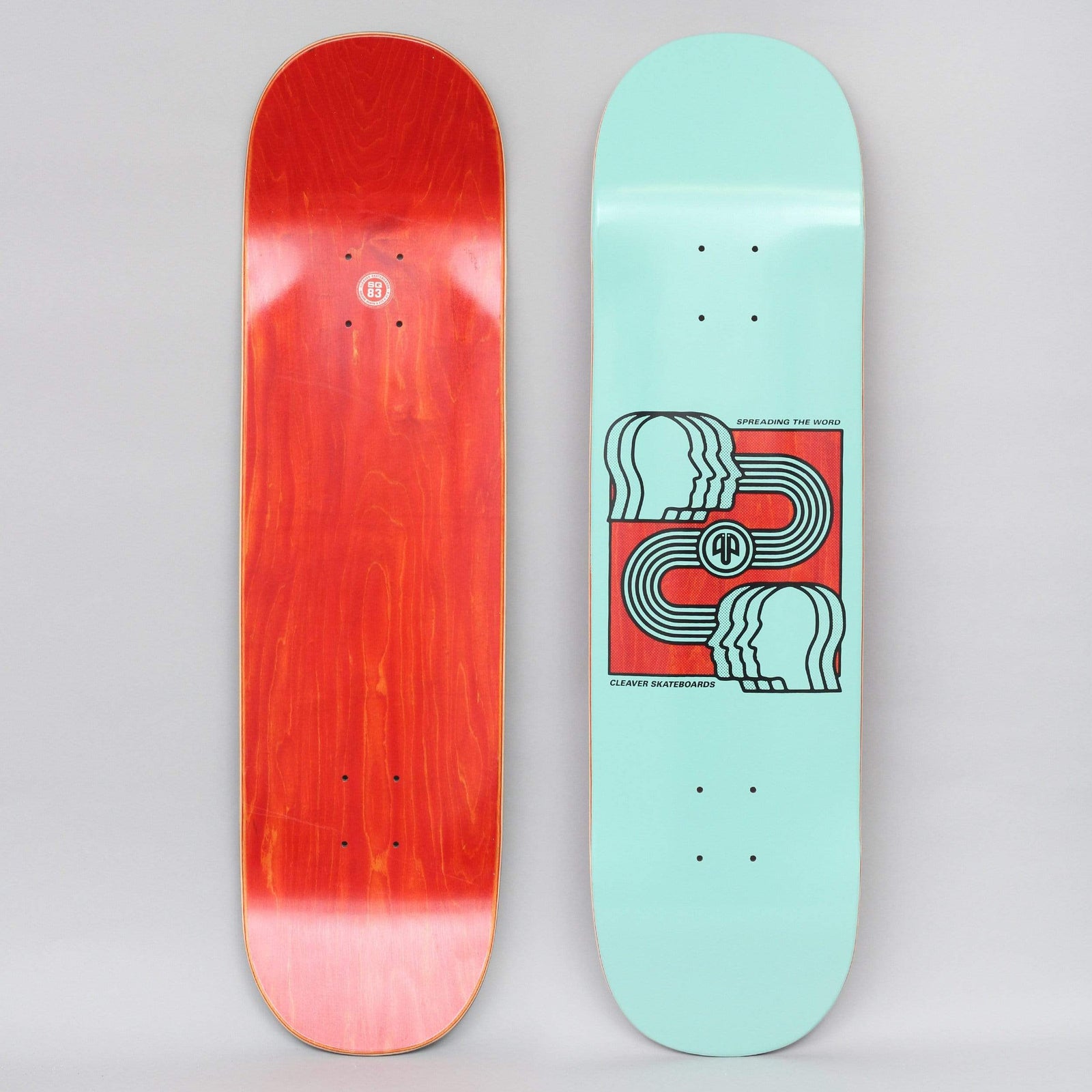 Cleaver Spreading Aqua skateboard deck: Aqua deck with a red square containing a line illustration of stacked profile heads at top and bottom, joined by a looping striped ribbon with a small circular logo at the centre.