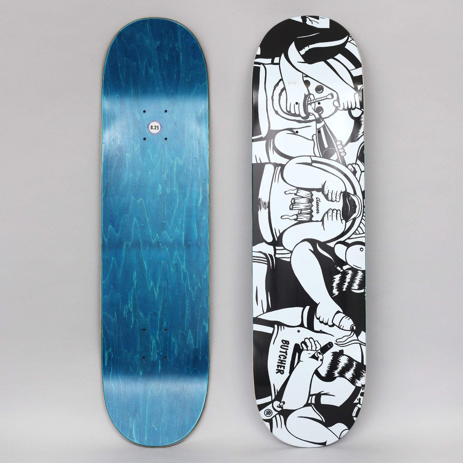 Cleaver Bucchieri Churros White skateboard deck: Black and white cartoon scene of overlapping figures eating, with a figure drinking from a bottle, a man in a bib holding a fork and a character with a striped tail. Butcher and small Cleaver logo visible; blue stained bottom view alongside.