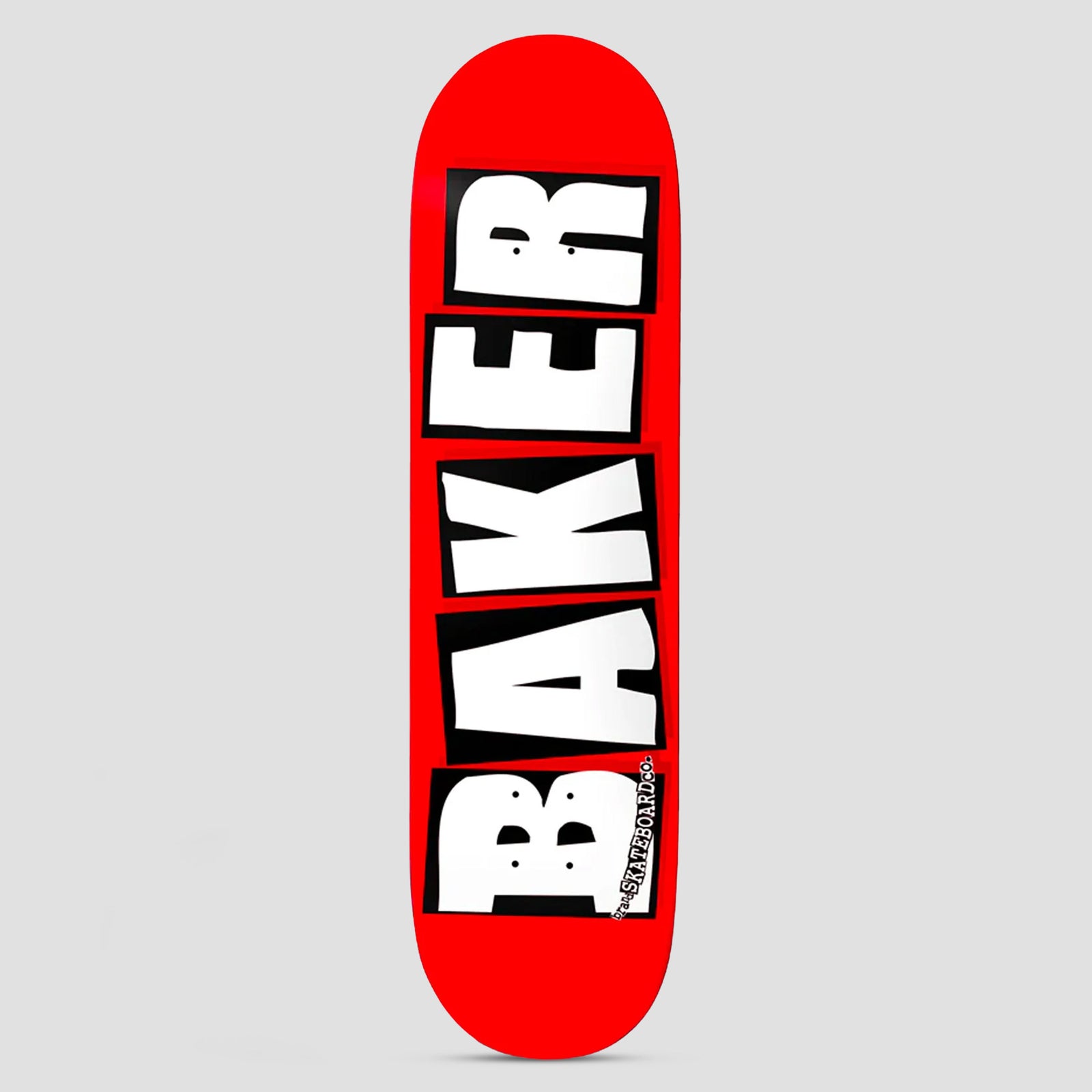 Baker Brand Logo Red / White skateboard deck: Plain red deck with the Baker logo running down its length in large white block capitals, each letter boxed in black, with a small 'Skateboard Co.' tag at the bottom.