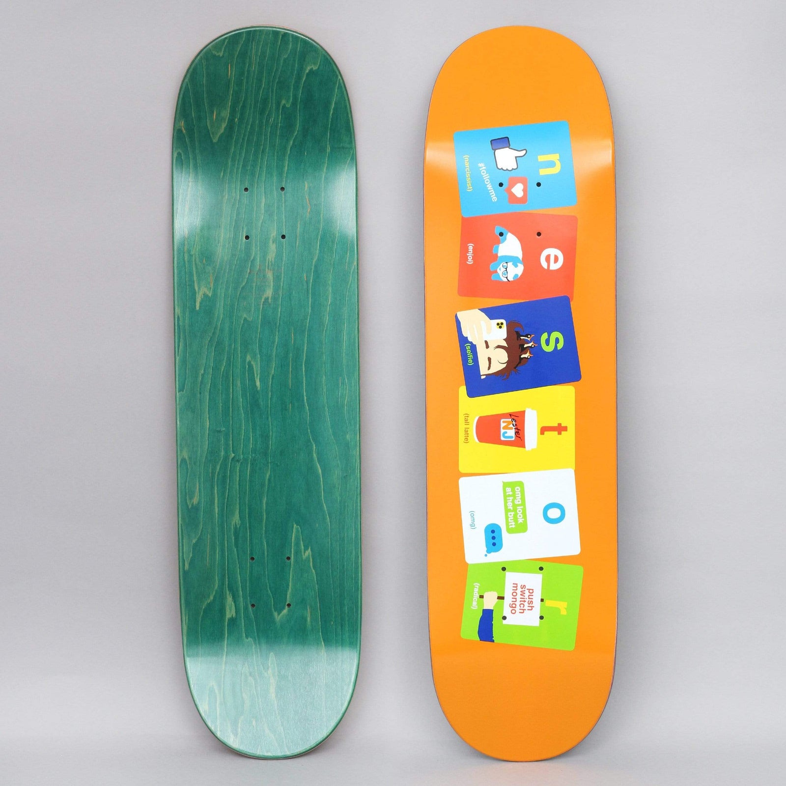 Enjoi Judkins Flashcards R7 Orange skateboard deck: Orange deck with six coloured flashcards running down the board, each showing an icon and caption (thumbs-up, cartoon animal, face, coffee cup, chat bubble, hand). The big lowercase letters spell nestor; the bottom shows a green-stained deck.