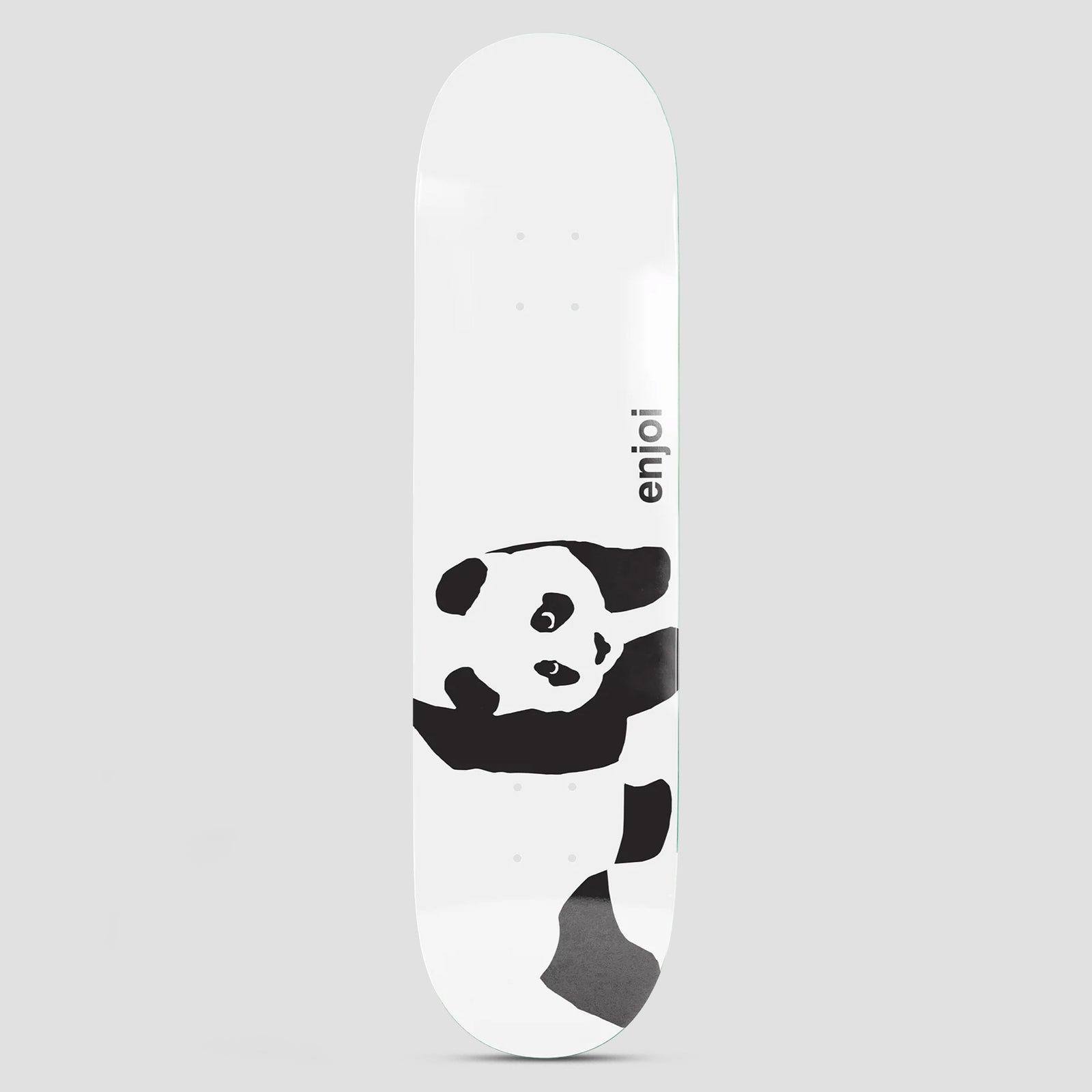 Enjoi Whitey Panda R7 White skateboard deck: Large black and white panda clinging to the side of an all-white deck, with the brand name printed vertically above it.