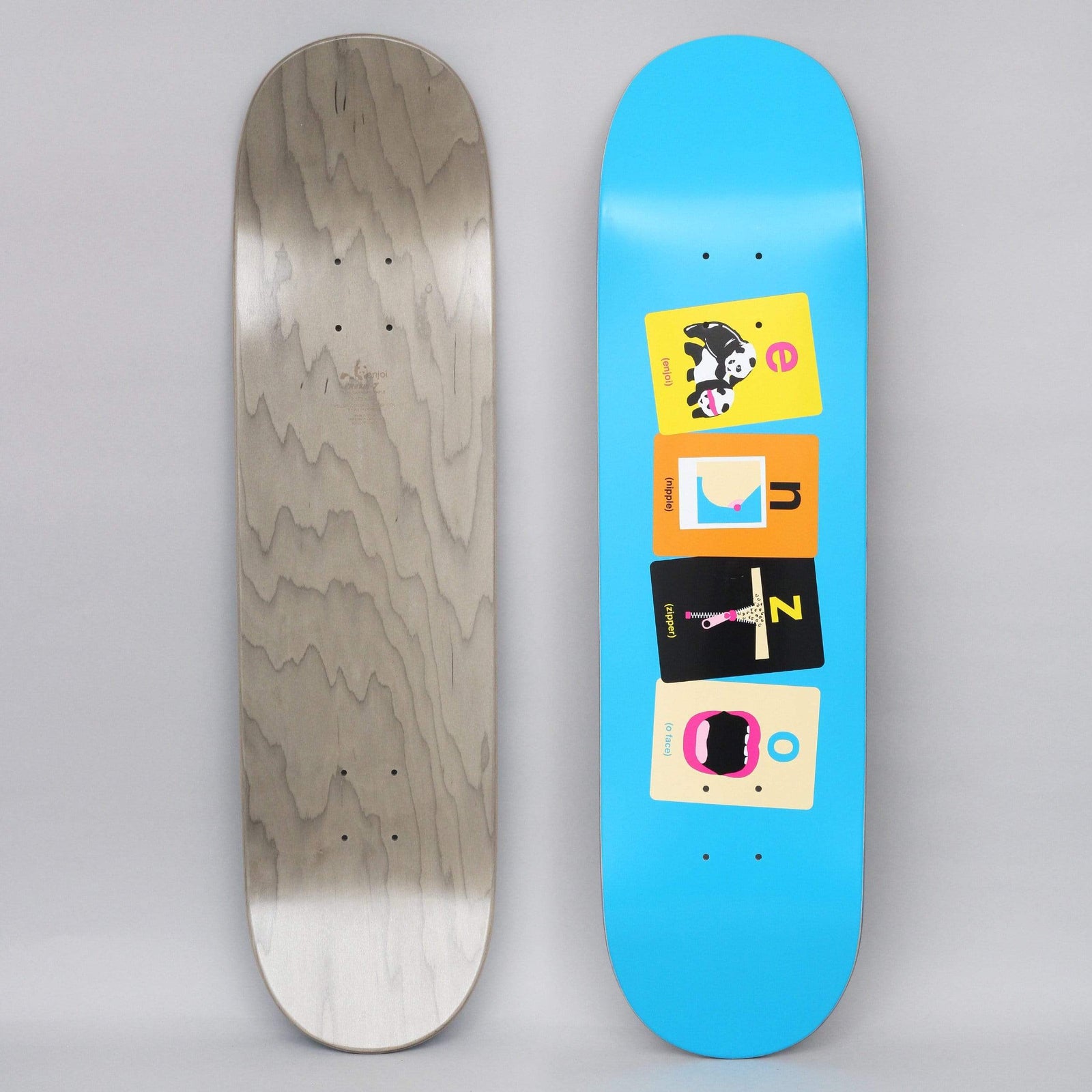 Enjoi Enzo Flashcards R7 Blue skateboard deck: Four flashcard-style panels stacked down a blue deck, each with a spelled-out letter (e, n, z, o) and a picture: a panda, a nipple, a zipper and an open mouth.