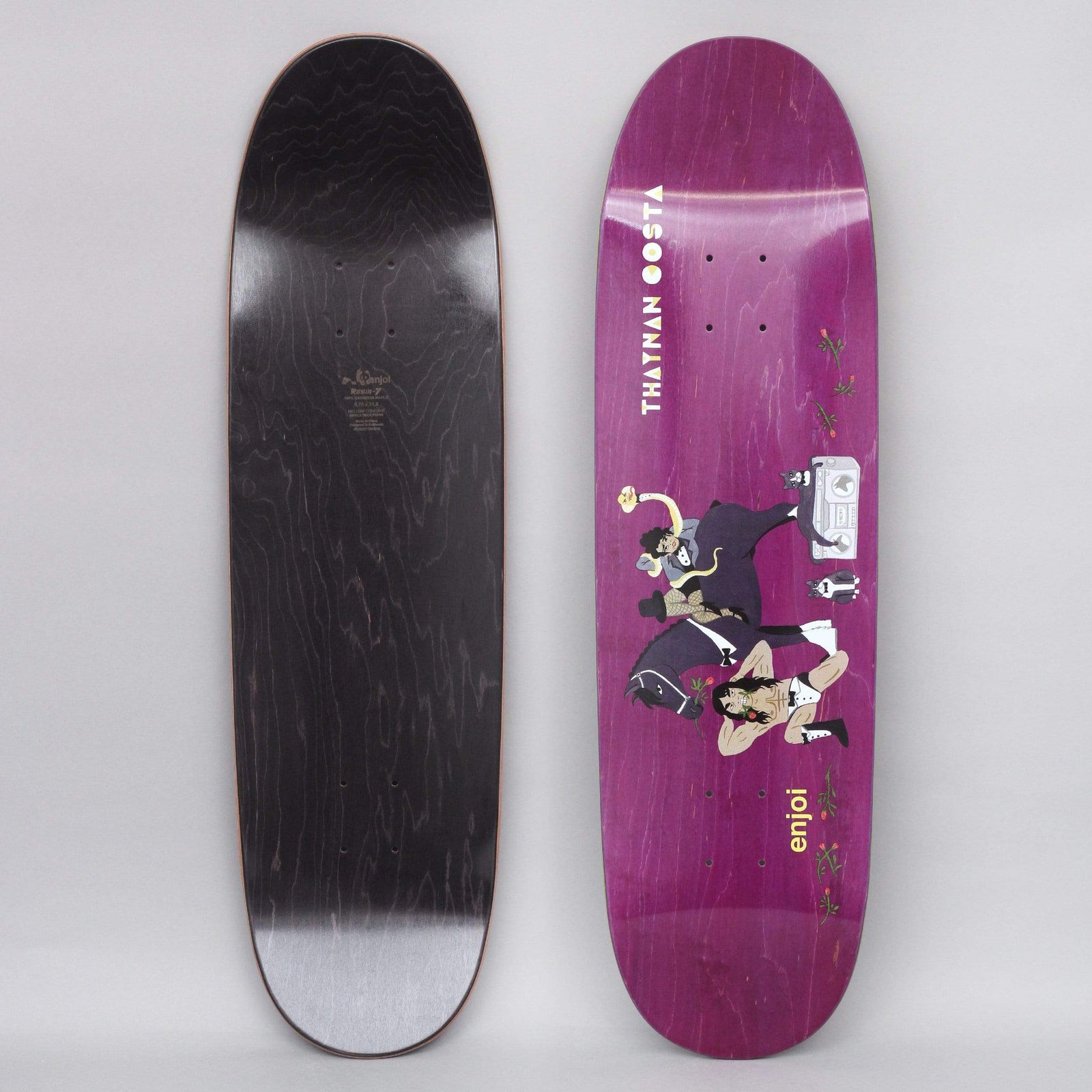 Enjoi Costa Over Board R7 Purple skateboard deck: A small cartoon scene of a bare-chested figure in boots lying with a dark horse while a masked figure holds a snake, with a boombox and small animals nearby, on a purple stained wide deck. The rider's name runs up the top in white.
