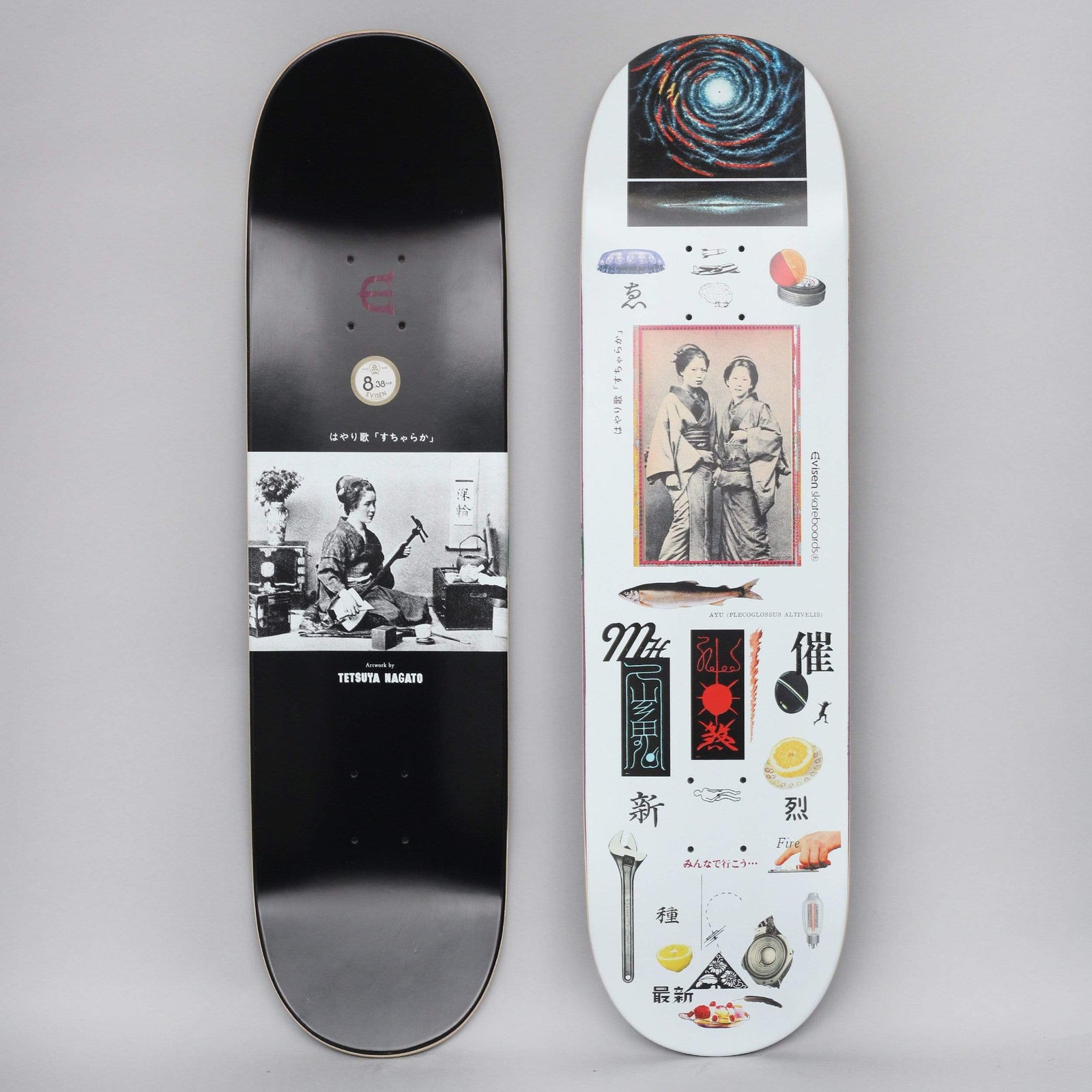 Evisen Su Cha Ra Ka skateboard deck: White deck covered in a collage of Japanese-themed items: a swirling galaxy, a vintage photo of two women in kimonos, a fish, a spanner, lemons and kanji characters. The underside is black with a photo of a woman playing a shamisen.