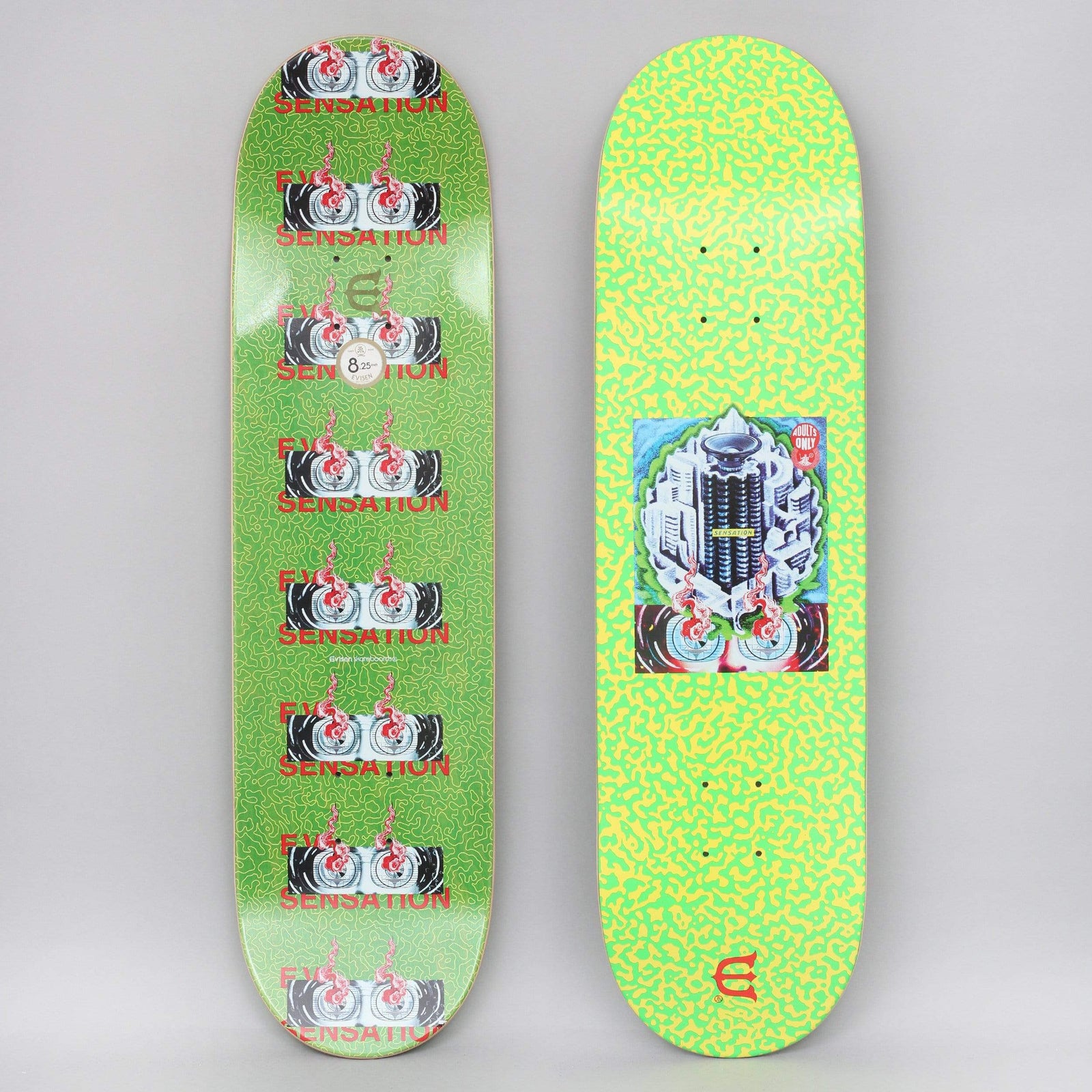 Evisen Club W Safety Green skateboard deck: Green and yellow squiggly pattern with a framed painting of a tall tower block among city buildings, bordered by an eye pair with red flames. The reverse repeats twin eye-and-flame images stacked with 'EYE SENSATION' in red, under a small 'Adults Only' label.