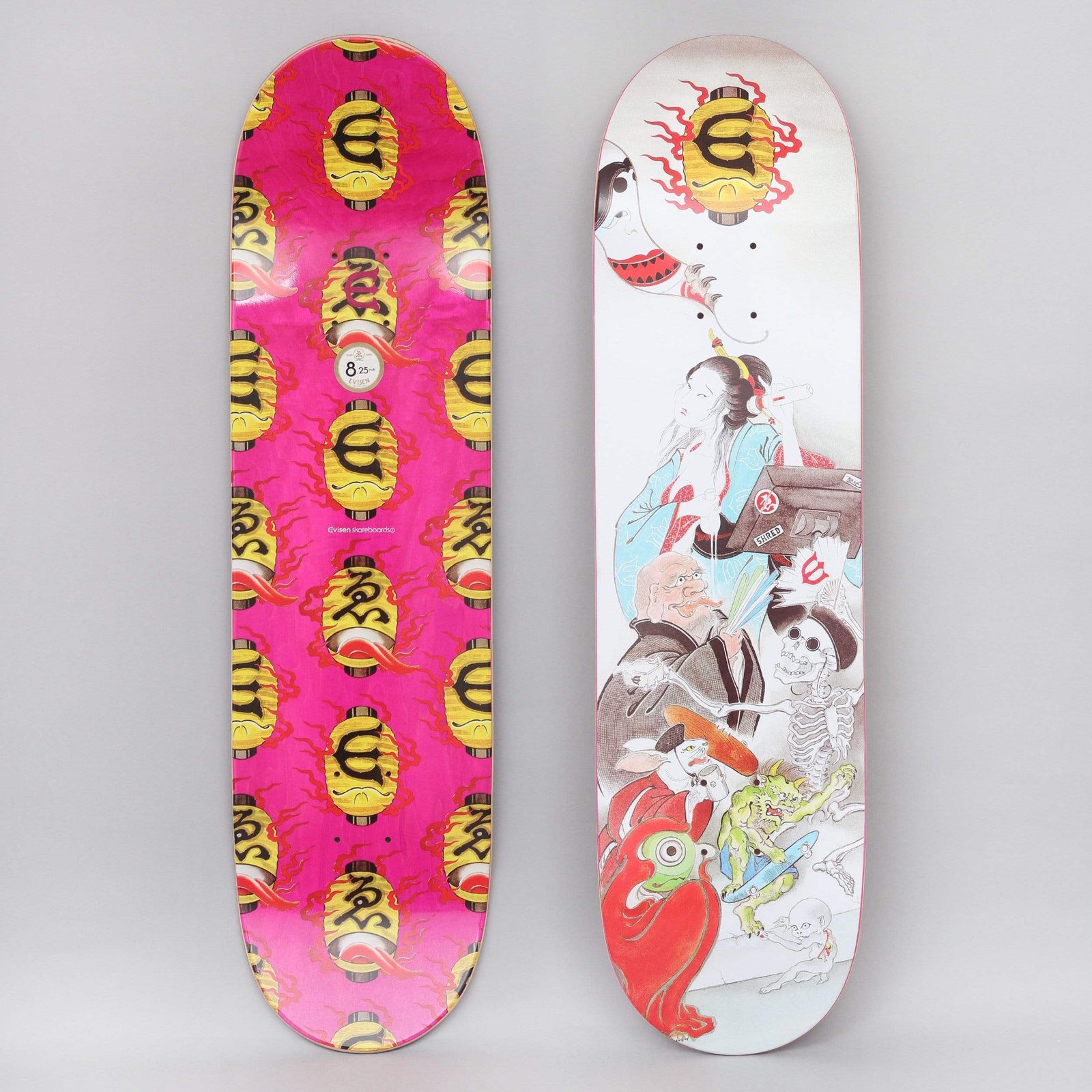 Evisen Hyakki Yaenzu Left White skateboard deck: White deck with a Japanese ink-style illustration of a woman in a kimono among yokai spirits, including a skeleton, a green goblin, a red one-eyed creature and a small child, with a flaming yellow lantern logo at the top.