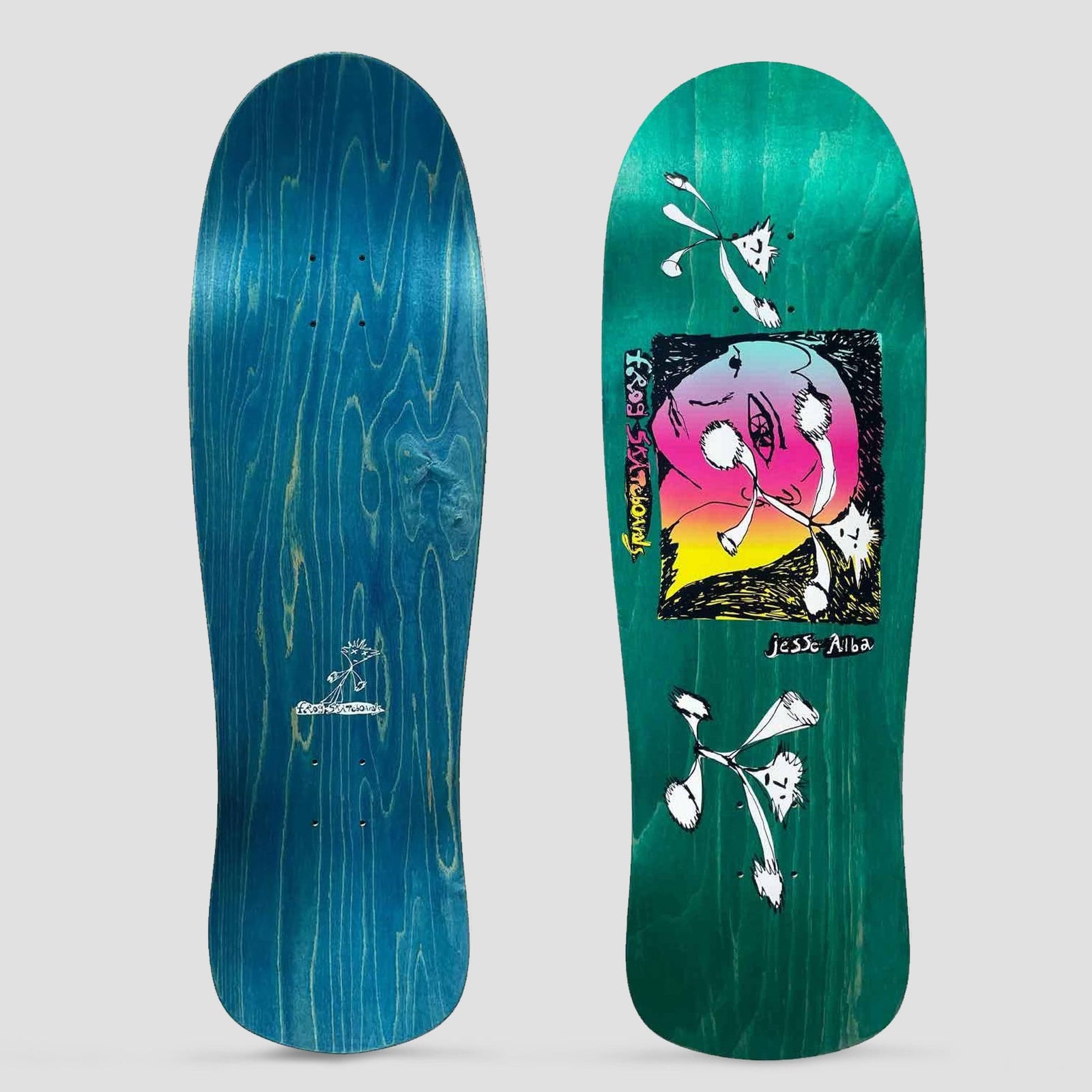 Frog Jesse Alba Pro Shape skateboard deck: Old-school shaped green-stained deck with a sketchy boxed drawing of a pink-to-yellow gradient face, surrounded by scribbled white flower-like creatures. Rider name and brand lettering sit beside it; underside is blue with a small doodle.