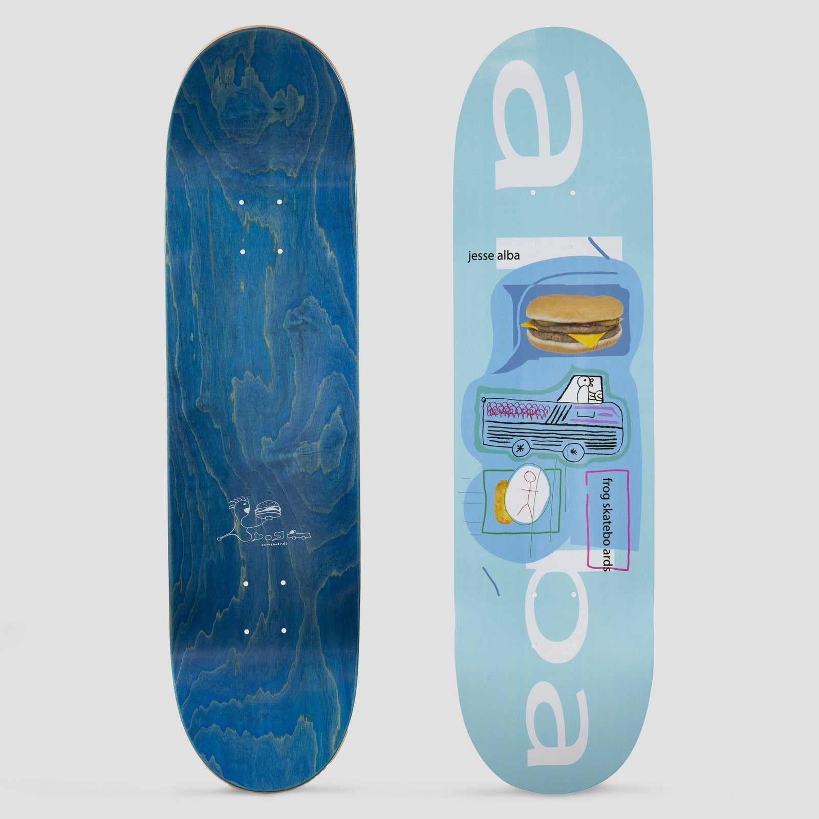 Frog Jesse Alba Hamburger Truck skateboard deck: A pale blue deck with large white lettering reading alba, a naive drawing of a truck carrying a figure, a cheeseburger photo, and a stick figure in a box. Jesse Alba and Frog Skateboards are printed in small type. The underside is blue wood-grain.