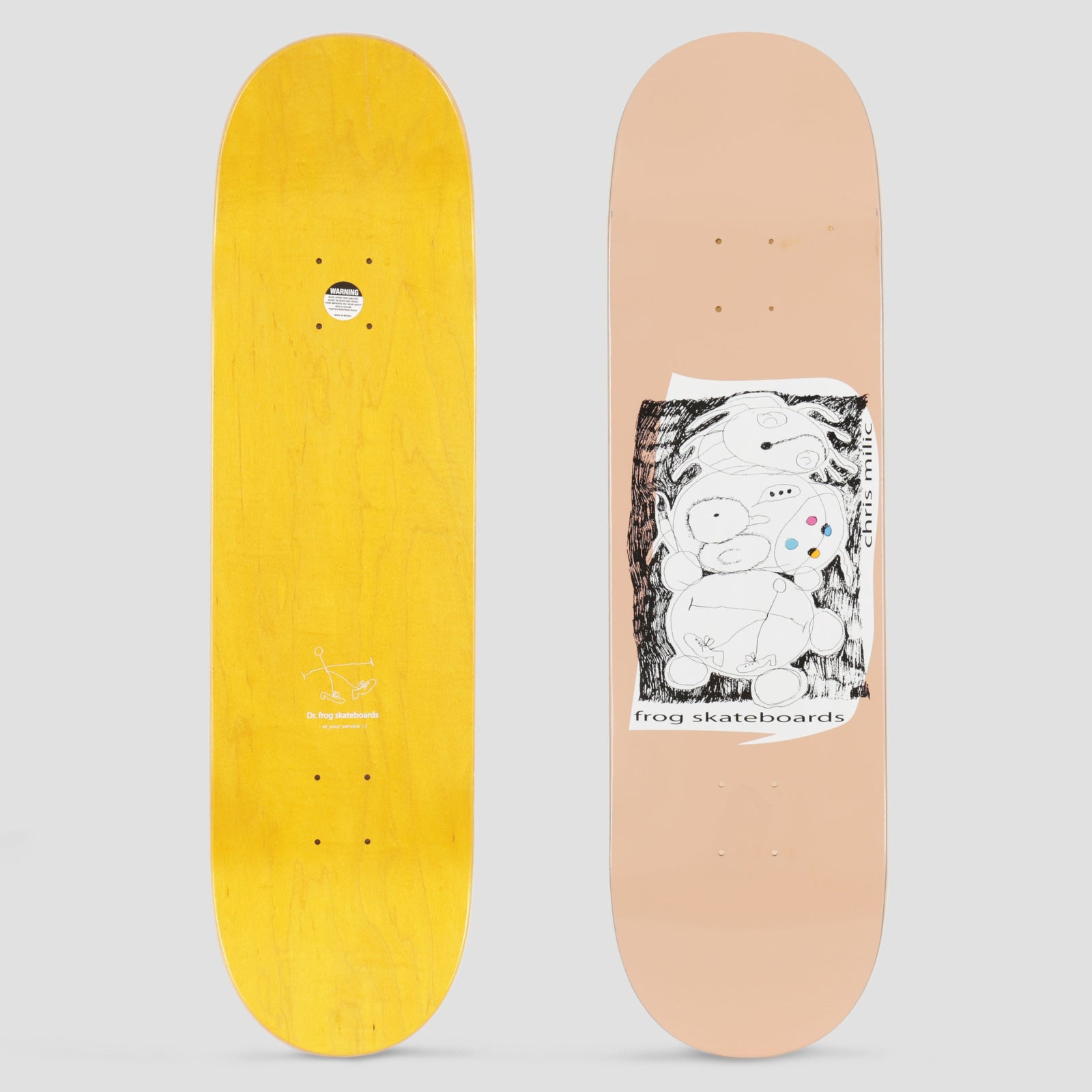 Frog Chris Milic Secret Room skateboard deck: Peach deck with a framed, scribbly black-and-white pen drawing of stacked cartoonish creatures holding a small coloured palette, with 'chris milic' and 'frog skateboards' in plain type. Underside is yellow with a small frog sketch.