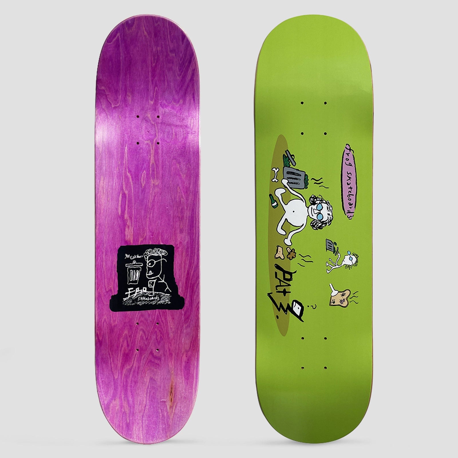 Frog Pat G Garbage Eater Green skateboard deck: Simple cartoon drawings on lime green of a pale figure with round glasses eating from a bin, a smaller figure and a slice of toast, with rubbish, flies and a pink Frog skateboards label.