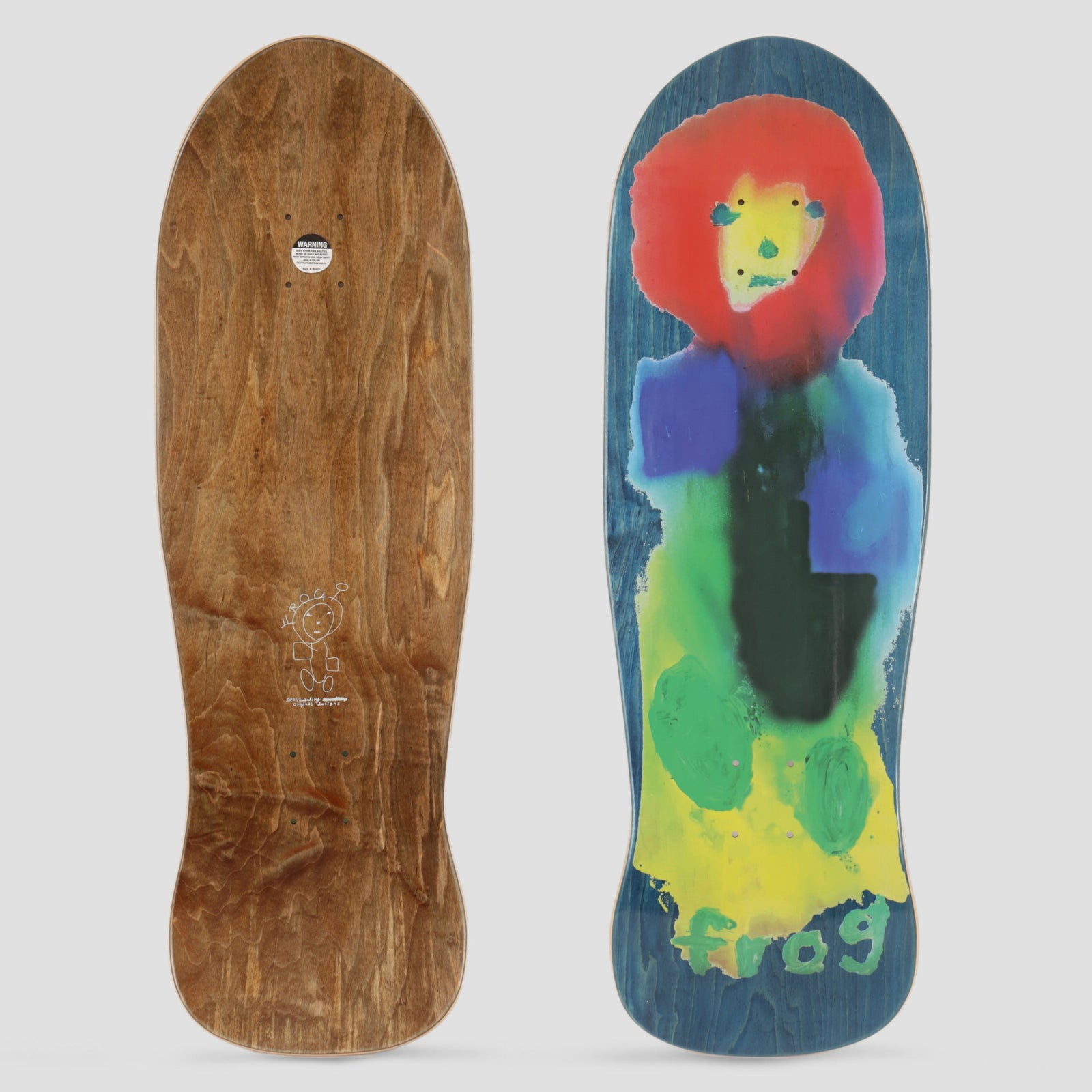 Frog Loomer skateboard deck: Childlike watercolour painting of a standing figure with a red round head and yellow face, blue and green blocks for a body and a yellow skirt, on a blue-stained shaped deck. The word frog is scrawled in green at the tail.