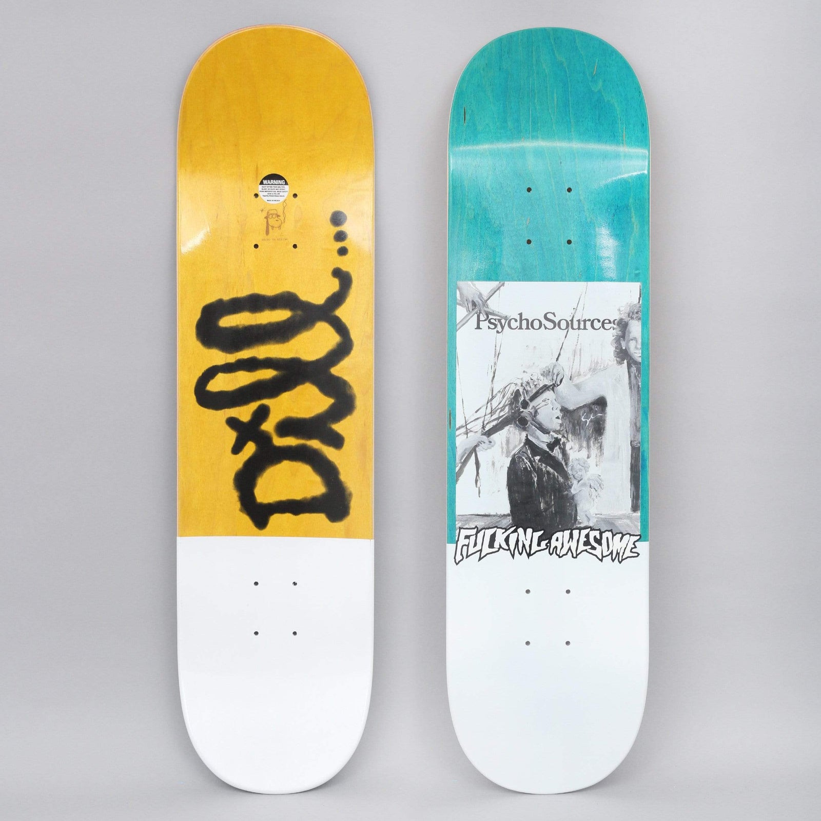 Fucking Awesome Dill Psycho Sources White Dipped skateboard deck: Black and white photo-style image of a figure in a dark coat wearing headphones, with 'PsychoSources' above and the Fucking Awesome logo below, on a teal stain with a white dipped tail. The other view shows a black spray-painted tag on yellow.