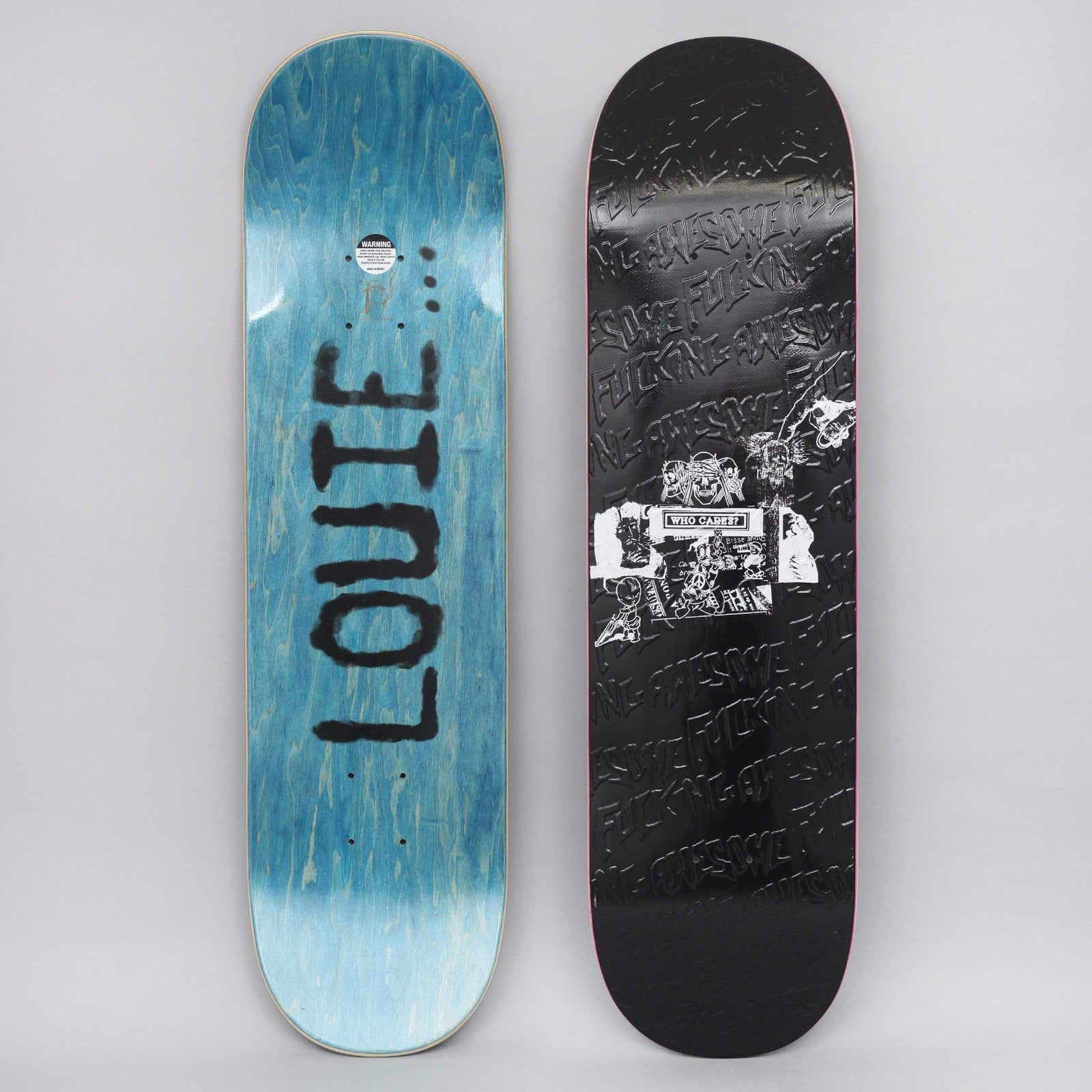Fucking Awesome Louie Who Cares Black skateboard deck: Black deck covered in an embossed repeating logo pattern, with a white collage of cartoon characters and a small 'Who Cares?' sign at the centre. The blue-stained underside has LOUIE in rough black spray lettering.
