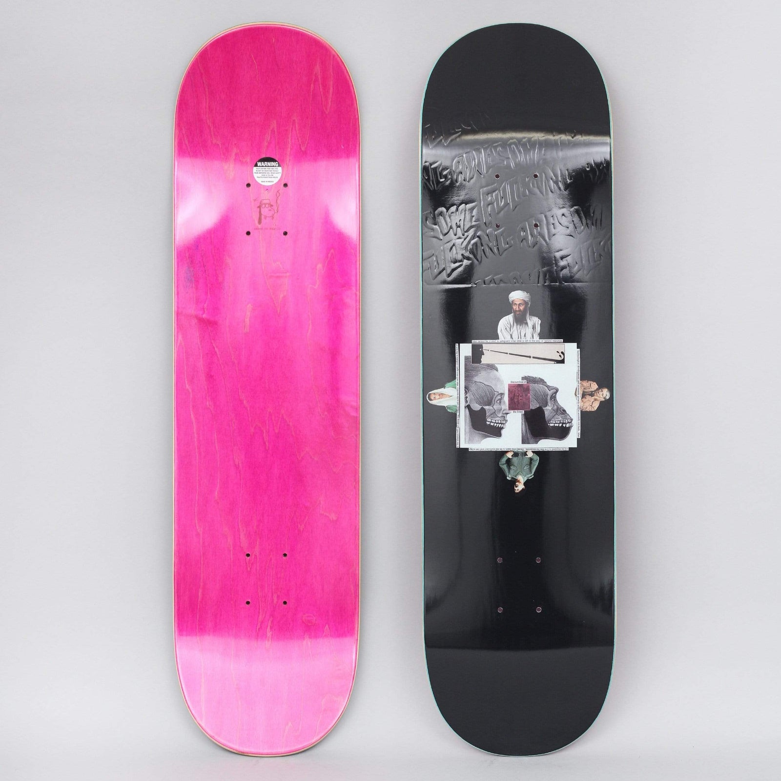 Fucking Awesome Quadrophenia skateboard deck: Black glossy deck with an embossed repeating brand logo at the top and a small collage of photographs: a bearded man in a turban, two skulls and figures placed around the edges of a central picture. Pink stained underside shown alongside.