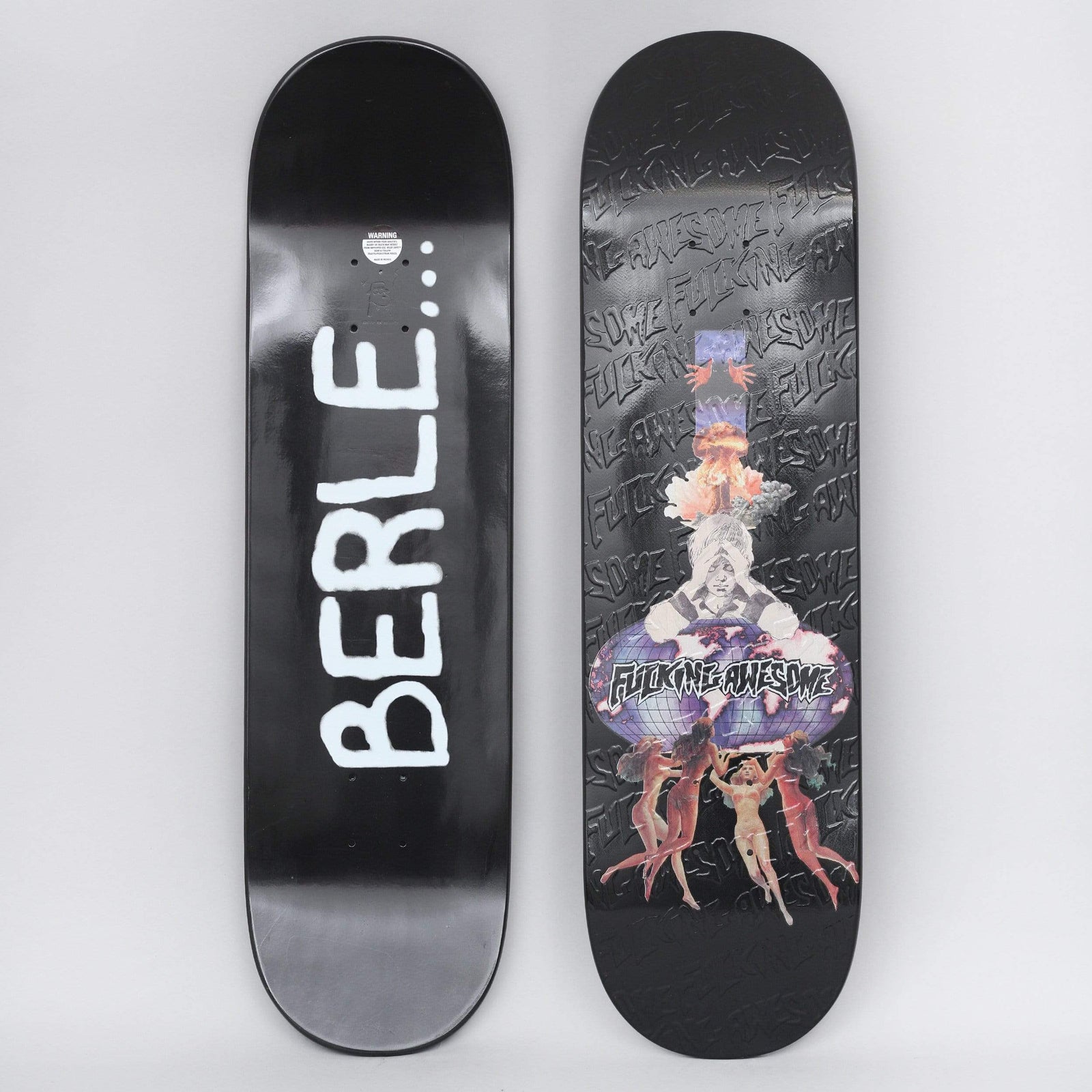 Fucking Awesome Berle Dipped Black skateboard deck: Black deck with a repeated embossed Fucking Awesome logo pattern and a collage of a mushroom cloud, a veiled figure and a purple globe over dancing nude women. The underside has BERLE in large white brush letters.