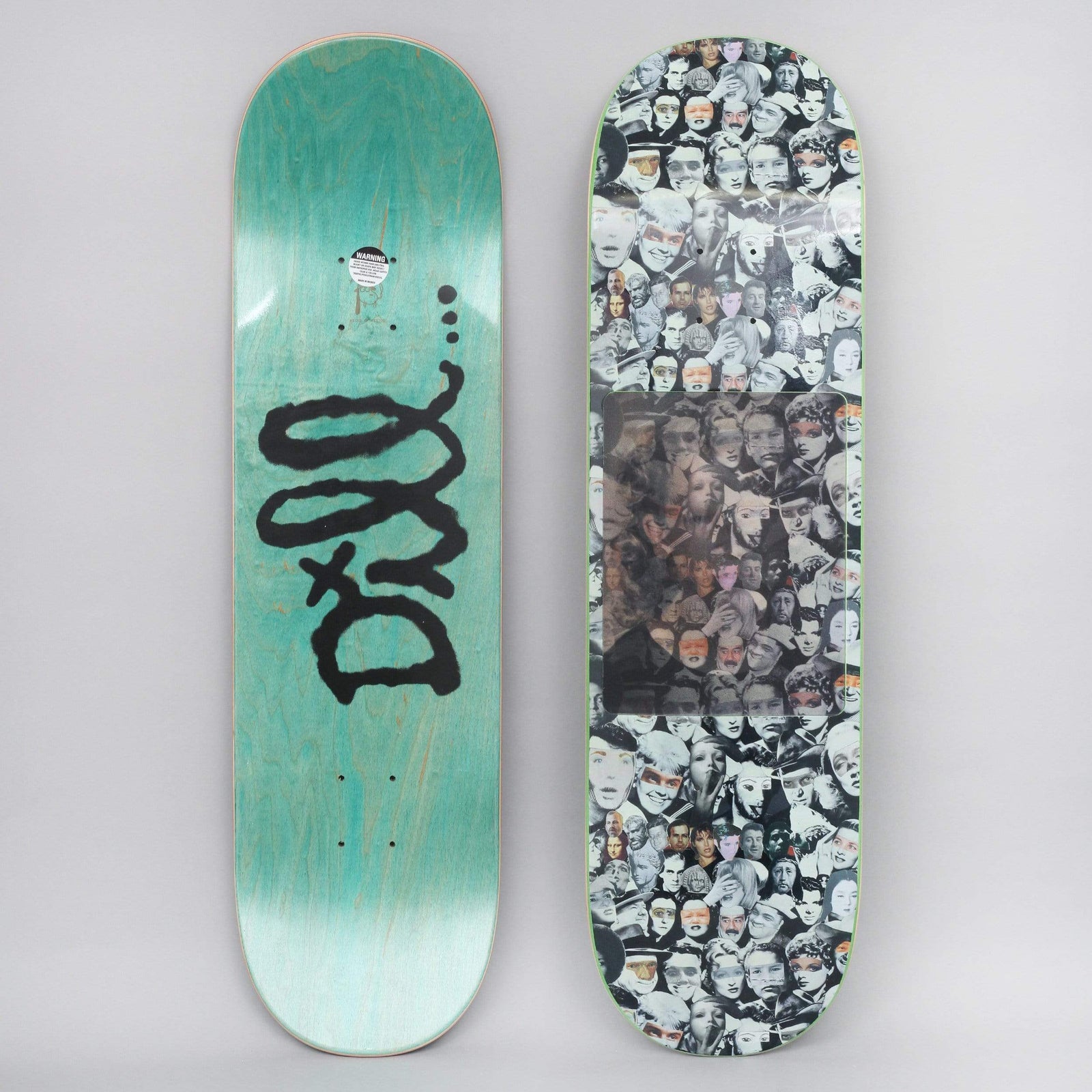 Fucking Awesome Dill Heads Collage Hologram skateboard deck: Dense black and white collage of cut-out faces covering the deck, with a holographic rectangular panel in the middle. The teal underside carries a black scrawled Dill tag.