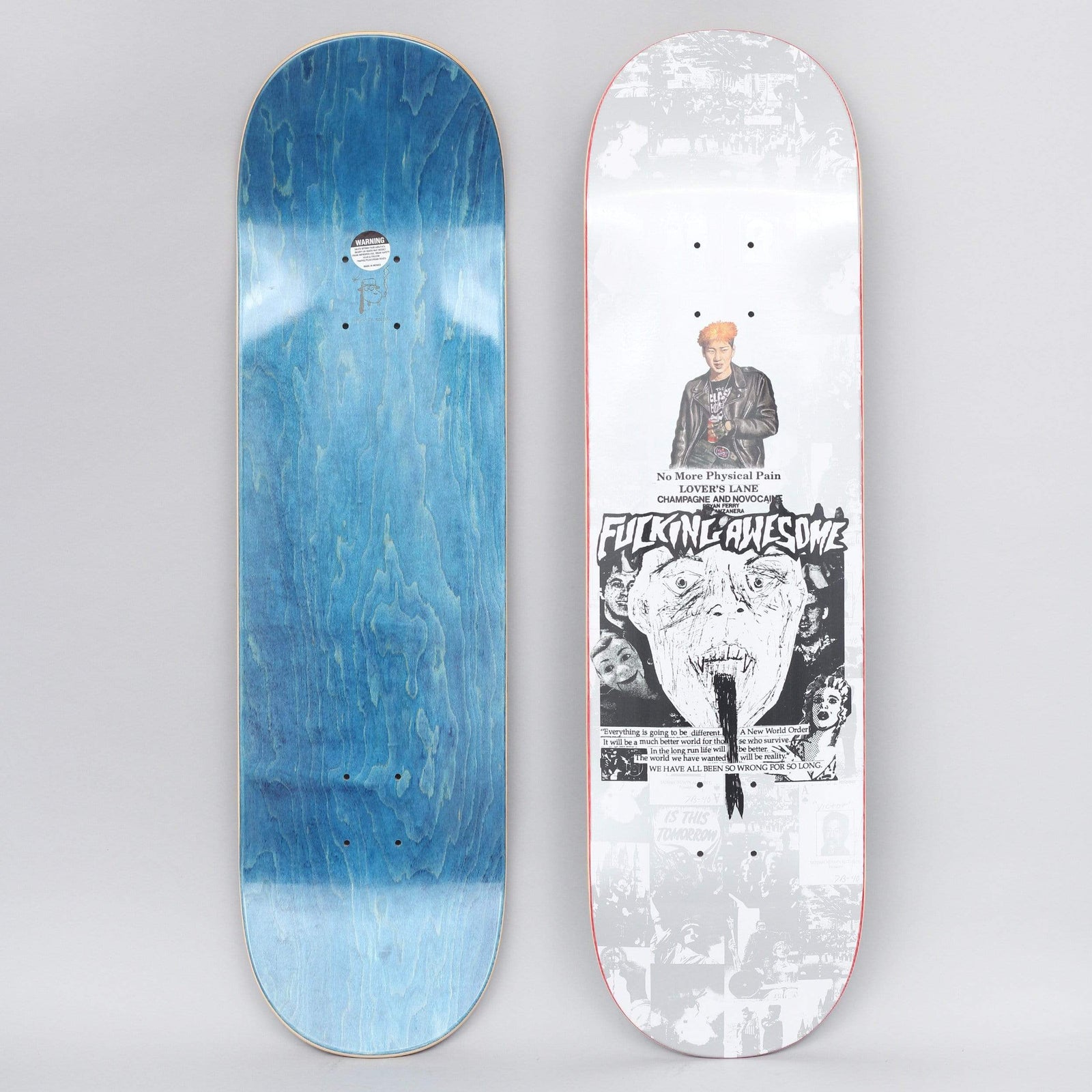 Fucking Awesome Face Reality Silver skateboard deck: A black and white zine-style collage with a pale grey photo background, a figure in a leather jacket with orange hair, the brand logo, a screaming drawn face with a black tongue and small printed slogans. Underside is blue stained wood.