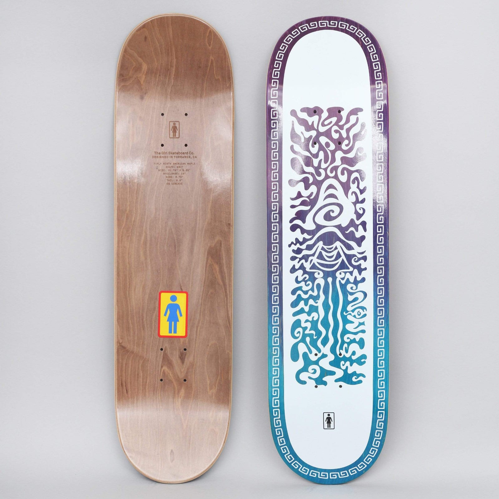 Girl Simon Bannerot Mystic OG One Off skateboard deck: White deck with a Greek-key border and a symmetrical psychedelic wavy pattern around an eye at the centre, fading from purple at the top to teal at the bottom. Small Girl logo at the tail; the underside is also shown.