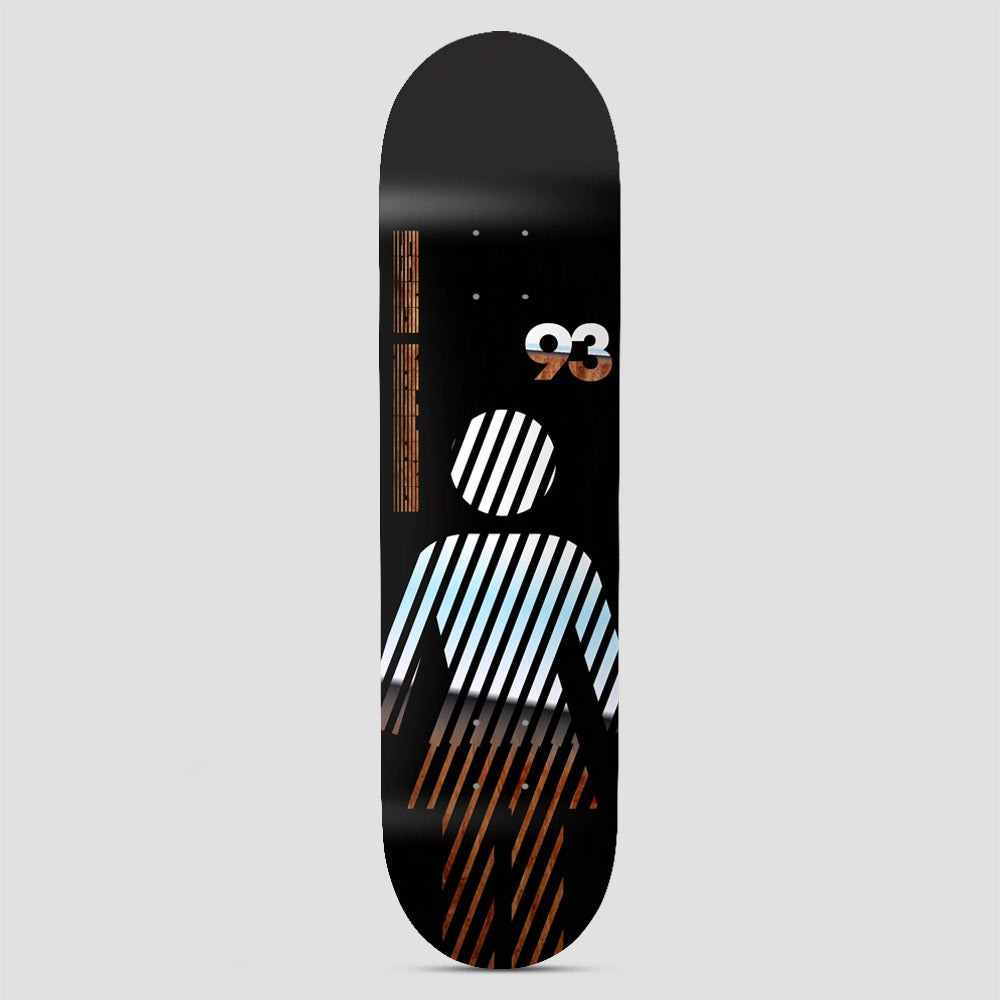 Girl Griffin Gass Future OG Black skateboard deck: Girl woman-symbol silhouette filled with diagonal white stripes, fading into copper-brown wood texture towards the legs, on a black deck with a large 93 at upper right and a narrow wood-textured bar at the left.