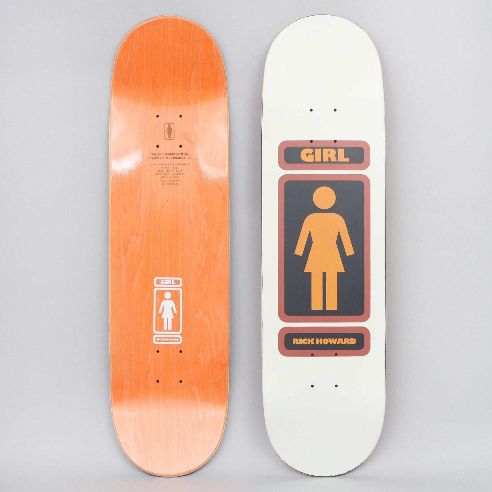 Girl Rick Howard 93 Til Cream skateboard deck: Cream deck with Girl's orange female figure logo inside a dark rounded panel with brown borders, a 'Girl' banner above and 'Rick Howard' below. Shown with its orange-stained underside and small Girl logo.