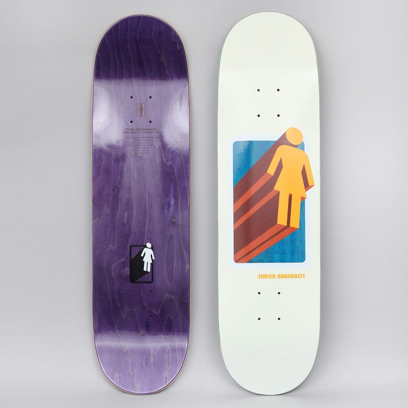 Girl Simon Bannerot 3D OG Cream skateboard deck: Girl's OG figure logo in orange-yellow rendered in 3D with a long brown extruded shadow, set in a blue rectangle on a cream deck. Name in small orange type beside it; purple stained underside shown alongside.