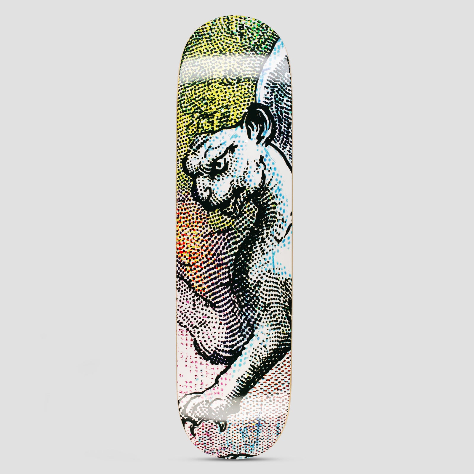 GX1000 Hail Storm Jeff Carlyle skateboard deck: Engraving-style black and white panther or big cat crouching and glaring, rendered in halftone dots, with rainbow gradient colours of yellow, orange, blue and pink showing through the dots.