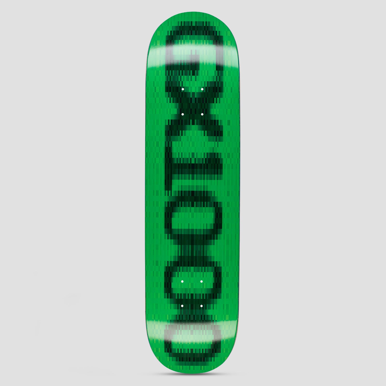 GX1000 OG Logo Blur Green skateboard deck: The GX1000 logo in dark green lettering running up the deck, pixelated and blurred as if out of focus, on a bright green background.