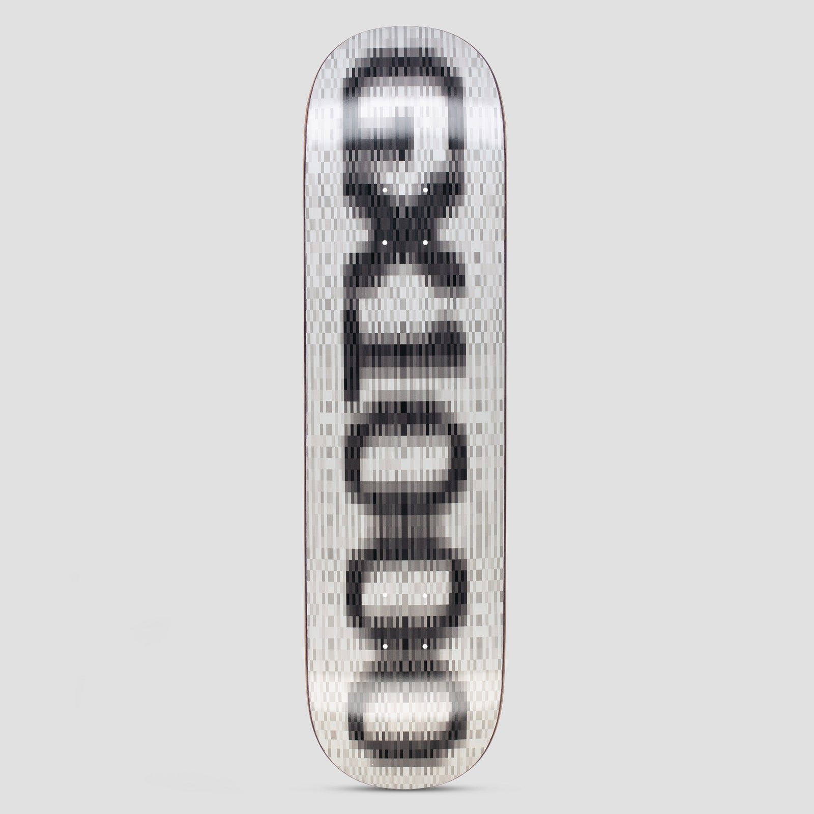 GX1000 OG Logo Blur White skateboard deck: The GX1000 logo as large black vertical lettering, pixelated and blurred over a white and grey mosaic background.