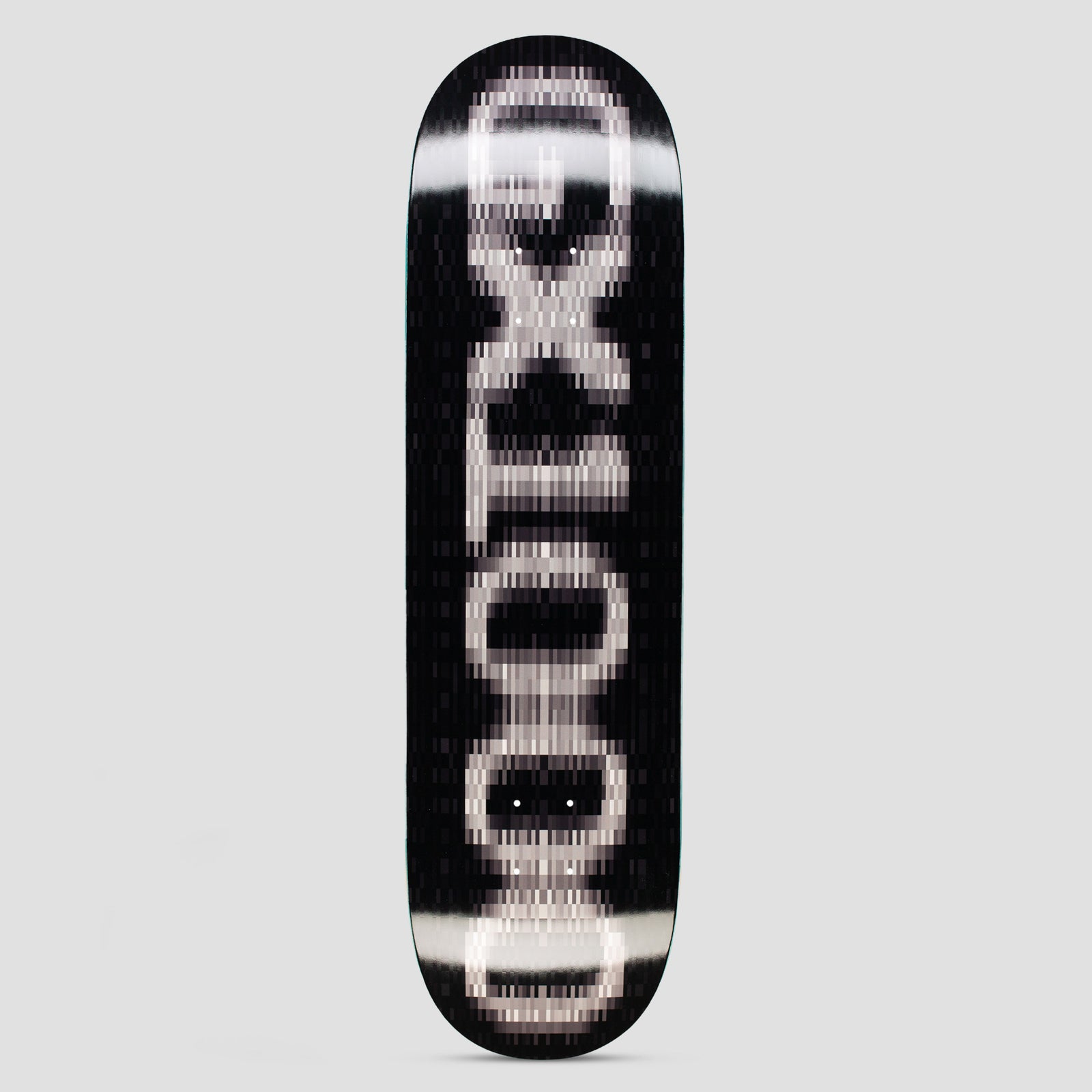 GX1000 OG Logo Blur Black skateboard deck: Black deck with the GX1000 logo set vertically in large pixelated white letters, blurred with a motion-smear effect and horizontal light streaks.
