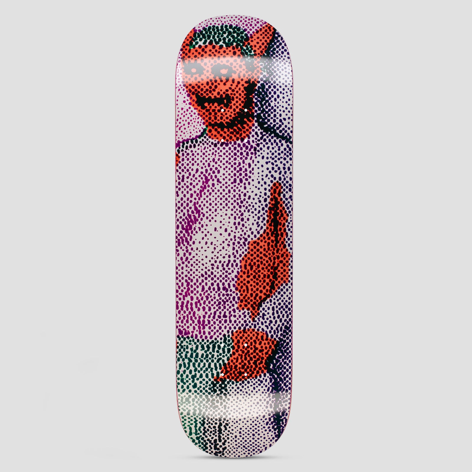 GX1000 Possessed T4 skateboard deck: Halftone-dot image of a figure with a red devil mask and three eyes in a pale top, with red torn shapes over the body, in purple, red and green dots.