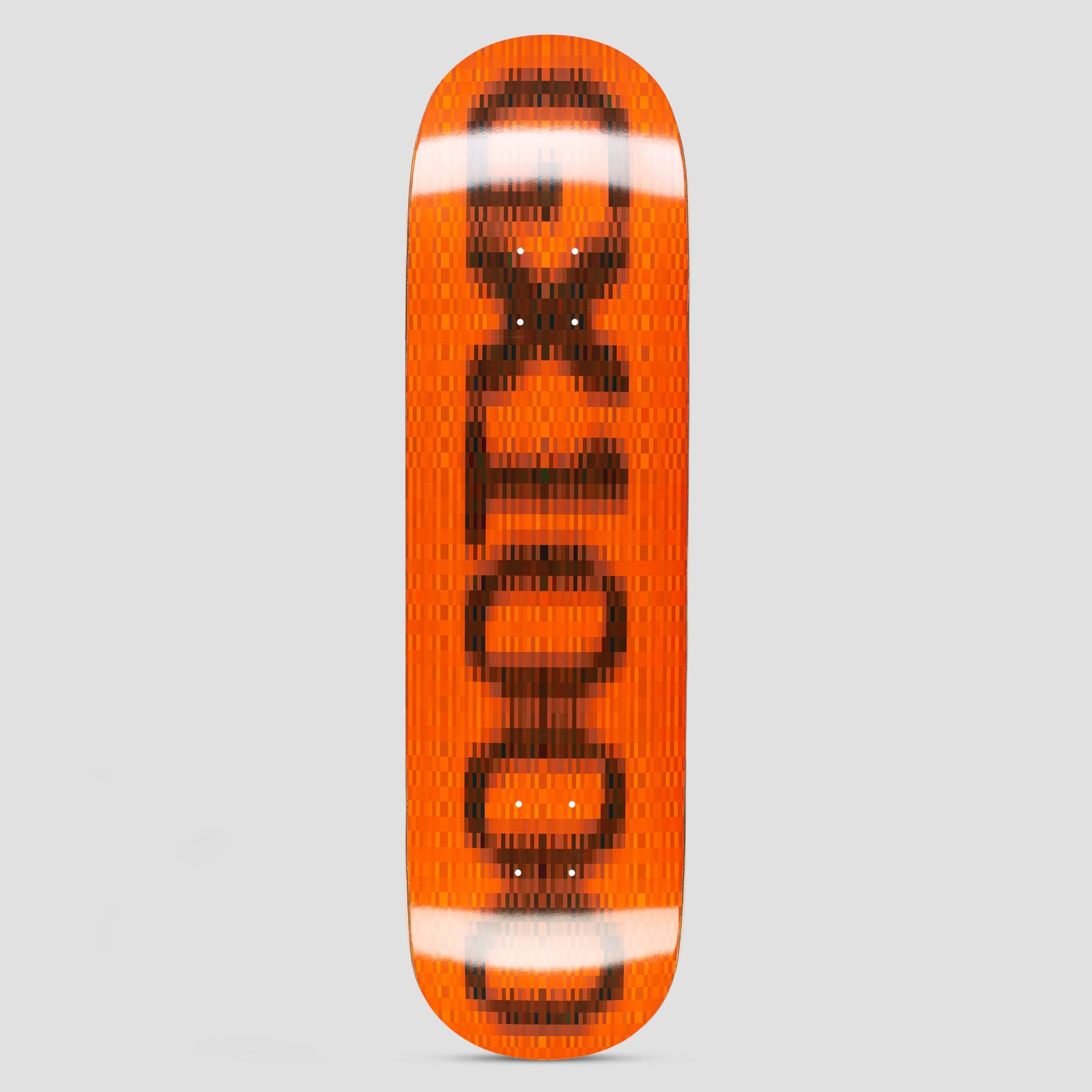 GX1000 OG Logo Blur Orange skateboard deck: Large black GX1000 logo running up the deck, pixelated and blurred as if censored, with white blurred bands at both ends. The ground is a bright orange pixel pattern.