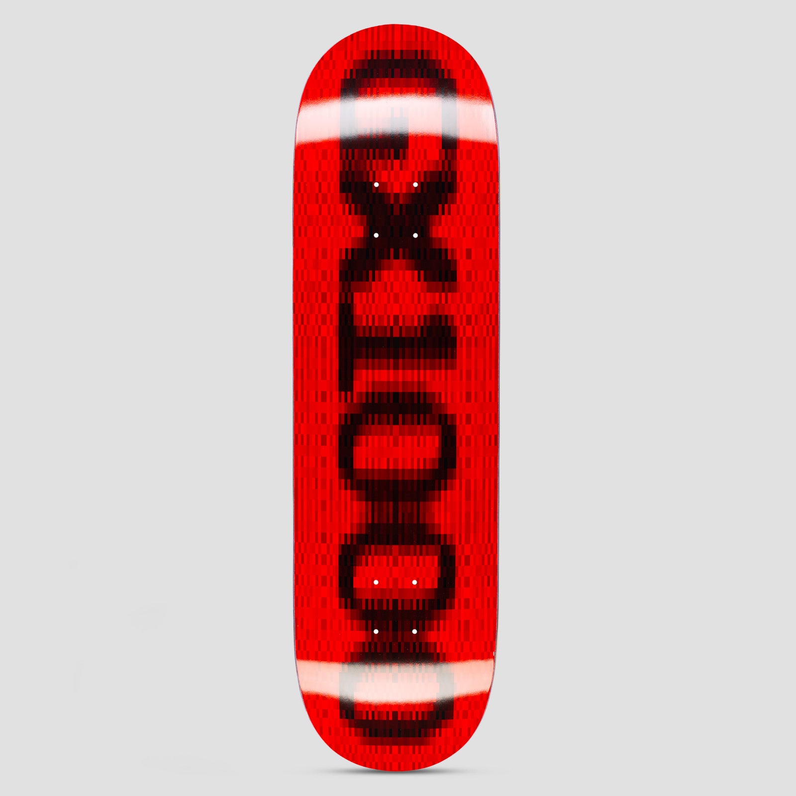 GX1000 OG Logo Blur Red skateboard deck: Large pixelated, motion-blurred black GX1000 logo running the length of a bright red deck, with white blurred bands at nose and tail.