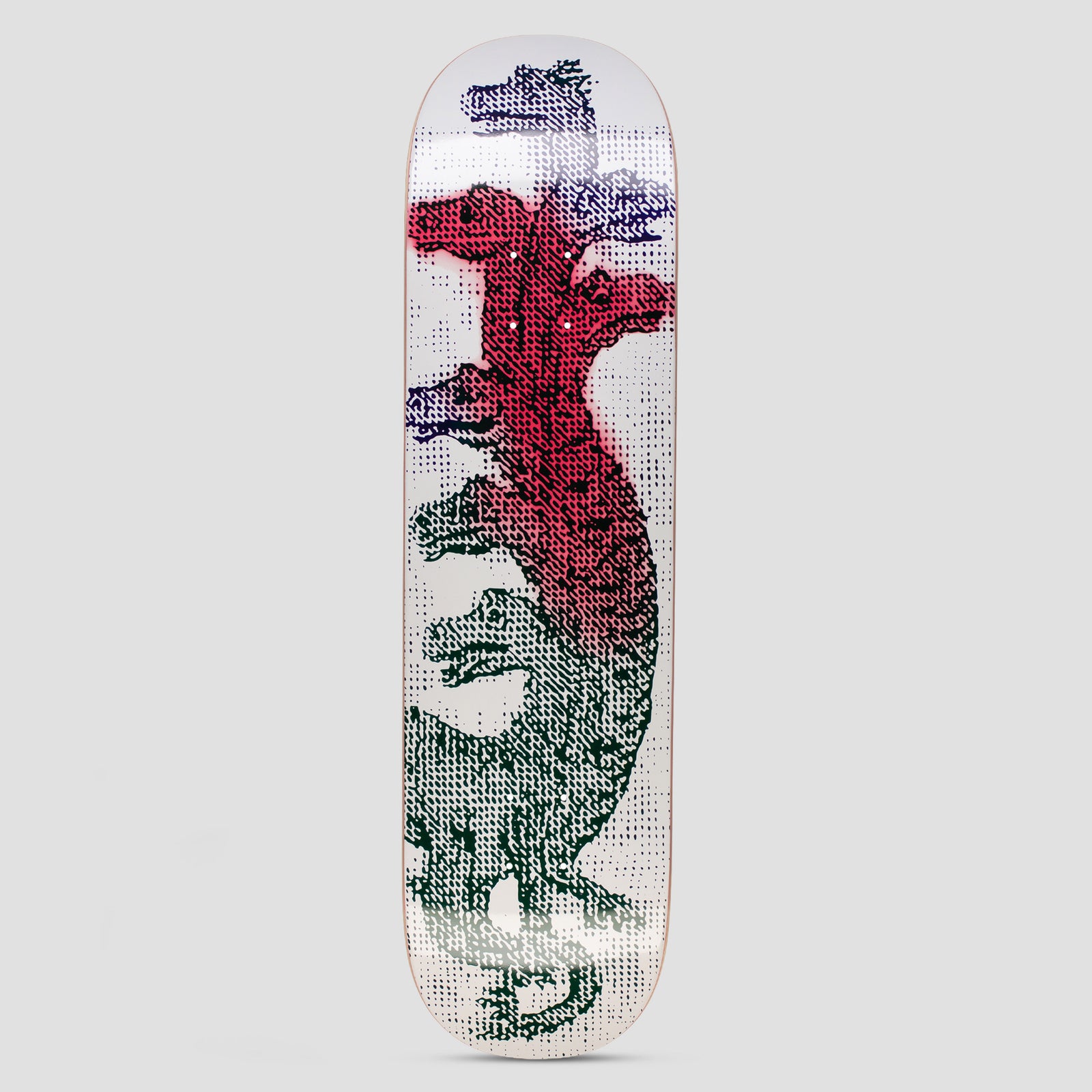GX1000 Serpents Sean Greene skateboard deck: Stippled halftone illustration of intertwined serpent or dragon-like creatures stacked up the deck, shaded from navy at the top through red to dark green at the bottom, on a white background.