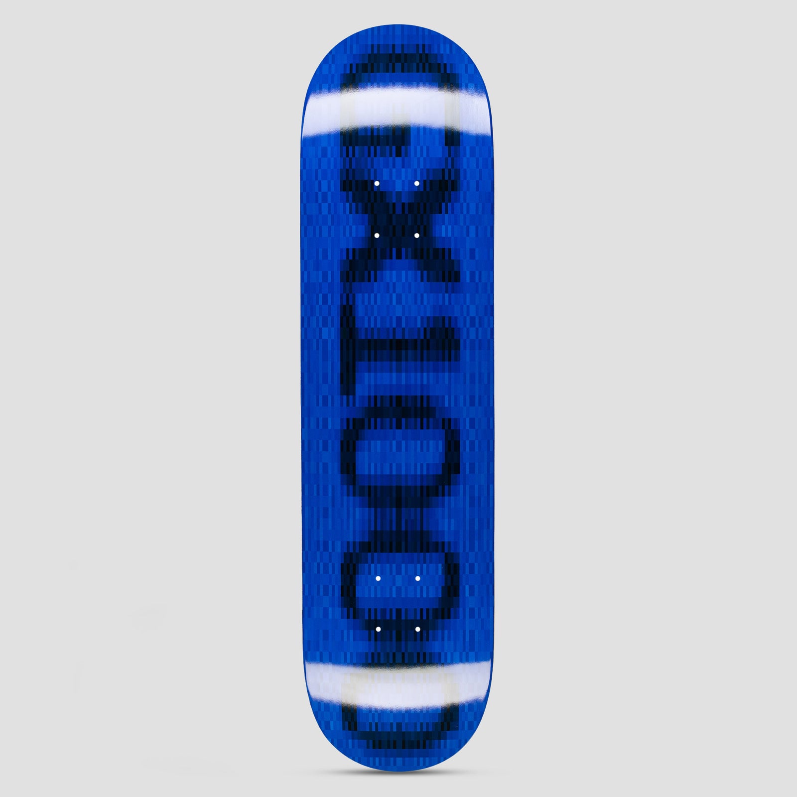 GX1000 OG Logo Blur Blue skateboard deck: The GX1000 logo as large pixelated black lettering running the length of the deck, blurred and smeared with horizontal white bands, on a bright blue deck.