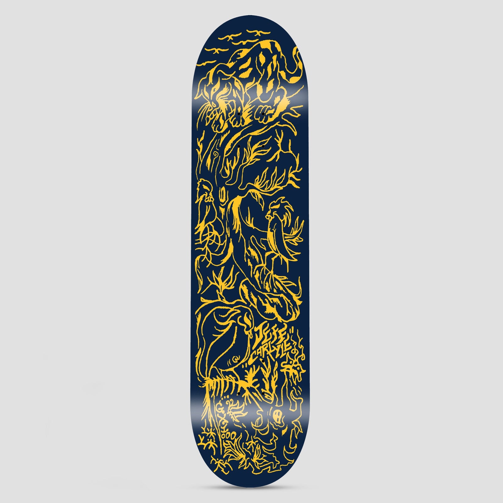 GX1000 Jeff Carlyle Caught in Contentment skateboard deck: Navy deck covered in a dense, loose yellow line drawing of tangled figures, animals and plants, including a large reptile-like creature at the top and a nude figure lower down. Artist name is scrawled near the bottom.