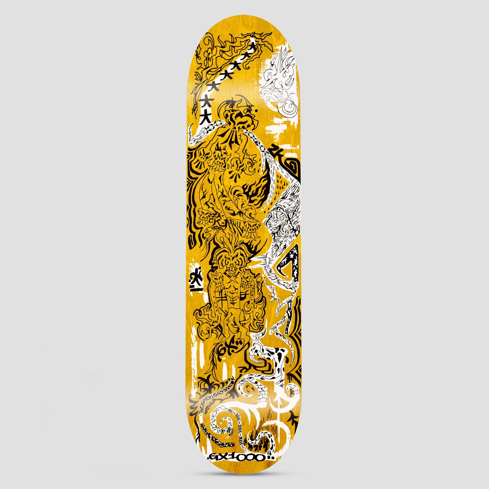 GX1000 Krull Breakthrough skateboard deck: Dense black and white ink drawing of an ornate mythical beast with dragon and cloud details and kanji characters, scribbled over a golden yellow stained deck. The GX1000 logo is at the bottom.