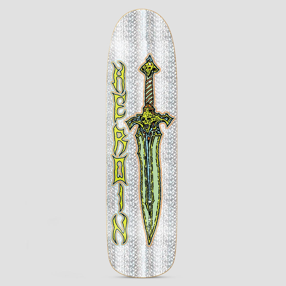 Heroin Sword Team skateboard deck: Large green sword with a skull on its cross guard and a spiked pommel, outlined in black and orange, beside vertical gothic Heroin lettering. Both sit on a silver holographic scale-pattern deck.