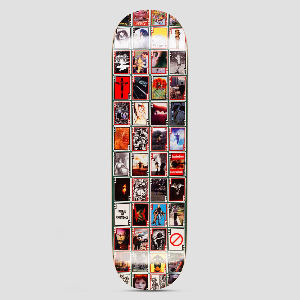 Hockey Playing Cards Shape 1 skateboard deck: Grid of dozens of small playing-card style tiles, each holding a different dark, collaged or horror-leaning image, with a few bearing text such as Denial of Existence, on a dark green background.