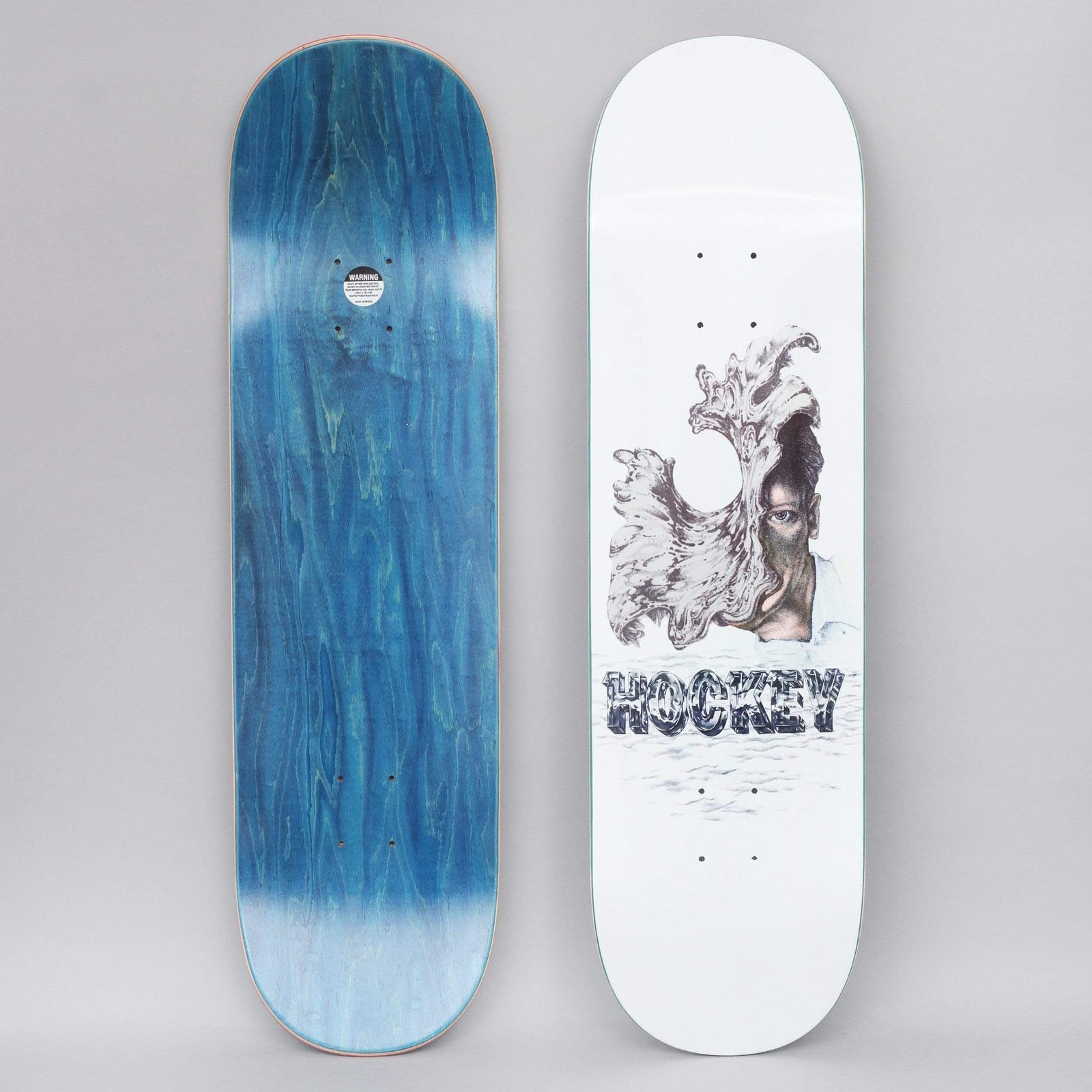 Hockey Andrew Allen Liquid Metal White skateboard deck: White deck with a pencil-style illustration of a man's face half hidden by a rising wave of liquid metal, above chrome-effect Hockey lettering sitting on a rippling surface.