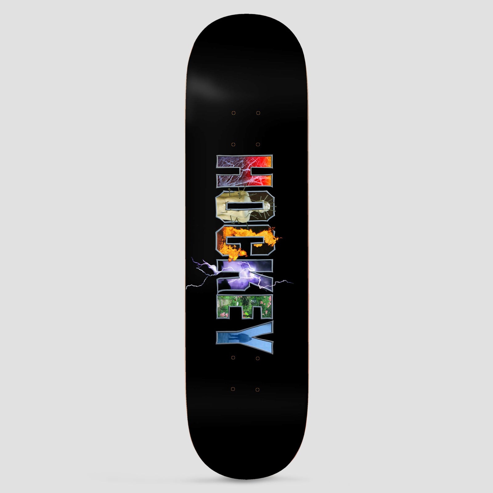 Hockey Dave's Arena Shape 2 skateboard deck: Black deck with the word 'Hockey' in large block capitals reading up the board, each letter filled with a different photo of flames, lightning, a figure and greenery. A lightning bolt crosses the middle.