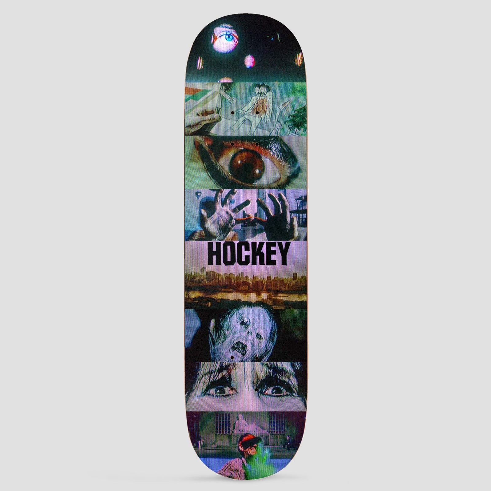 Hockey Daydream Ben Kadow Shape 1 skateboard deck: Vertical stack of colour-tinted film stills: a wide eye, hands, a city skyline, a ghostly scarred face, a pair of frightened eyes and a figure in a cap, with a glowing eye at the top. 'Hockey' in black capitals sits mid-deck.
