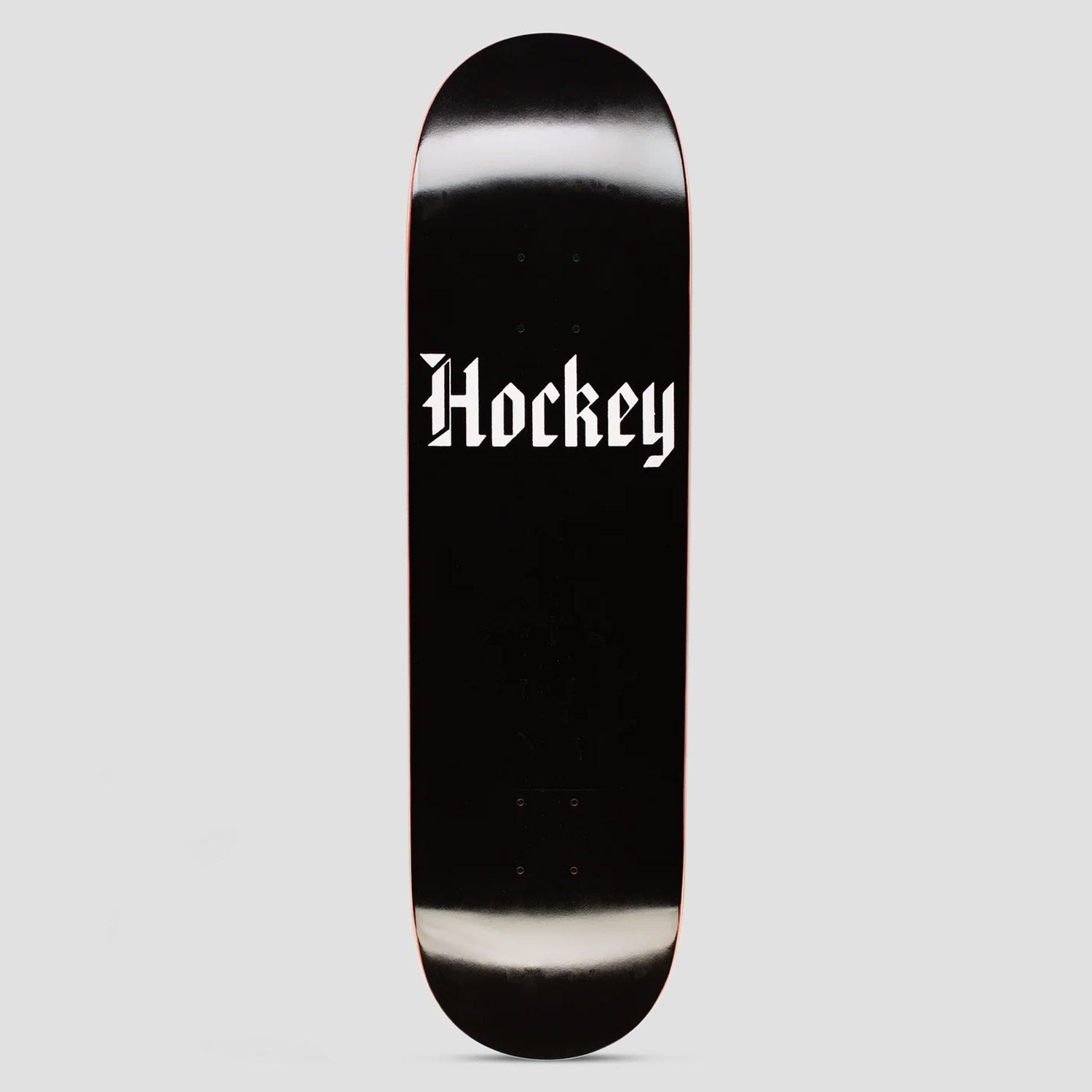 Hockey End of Days Shape 1 skateboard deck: Plain black deck with the Hockey name in white blackletter-style lettering across the middle.