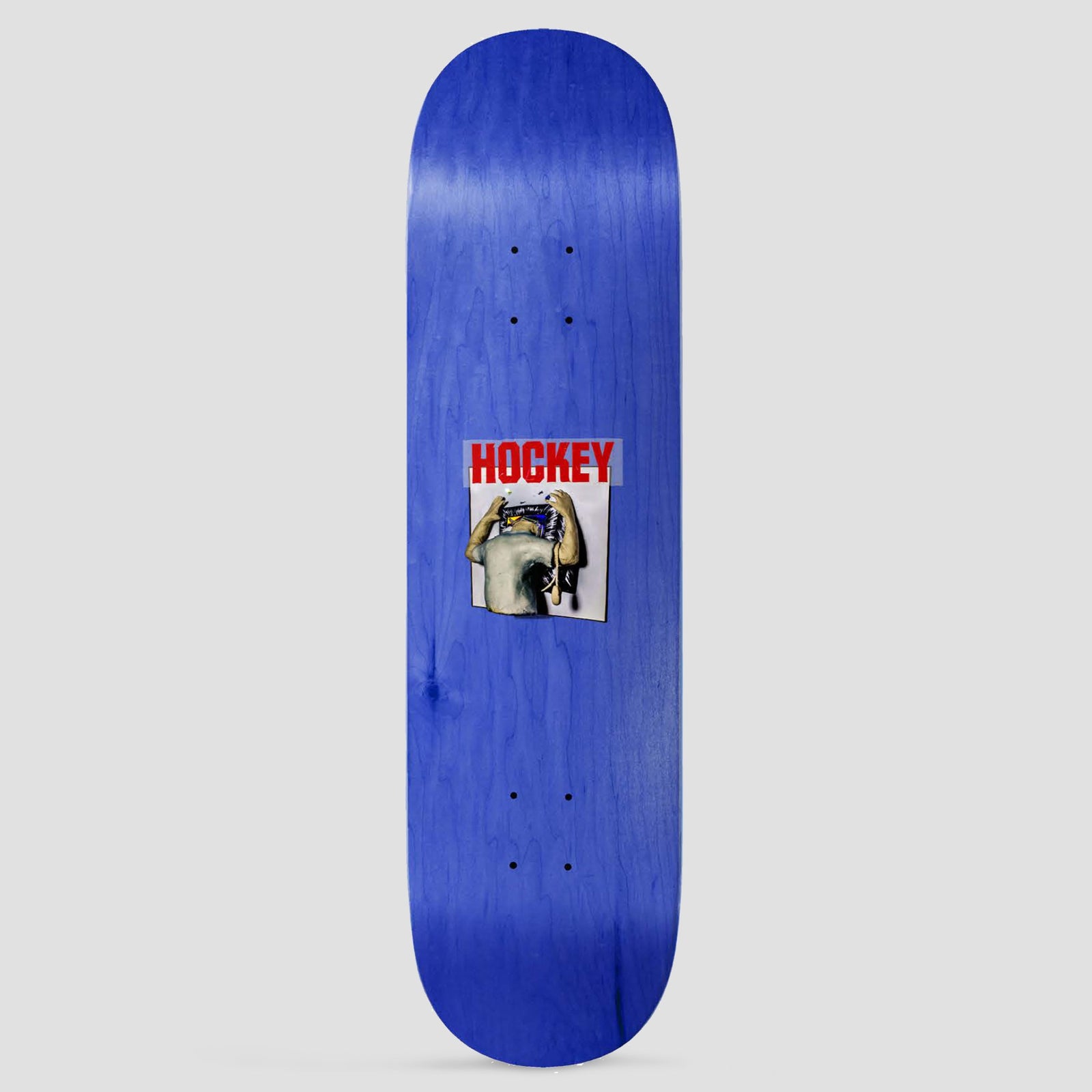 Hockey Screen Time Andrew Allen Shape 1 skateboard deck: Small framed image of a figure seen from behind with hands at their head, apparently peeling or pulling at their face, beneath a red Hockey logo. Plain blue stained deck.