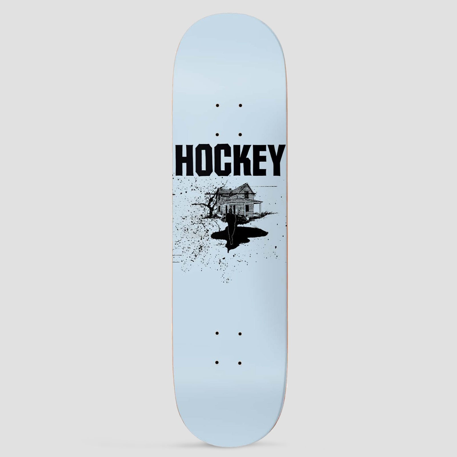 Hockey Spilt Milk Nik Stain Shape 1 skateboard deck: A large black Hockey logo sits above a small black illustration of a farmhouse and bare tree with ink splatters and a dark spilled pool with a standing silhouette, on a pale blue deck.