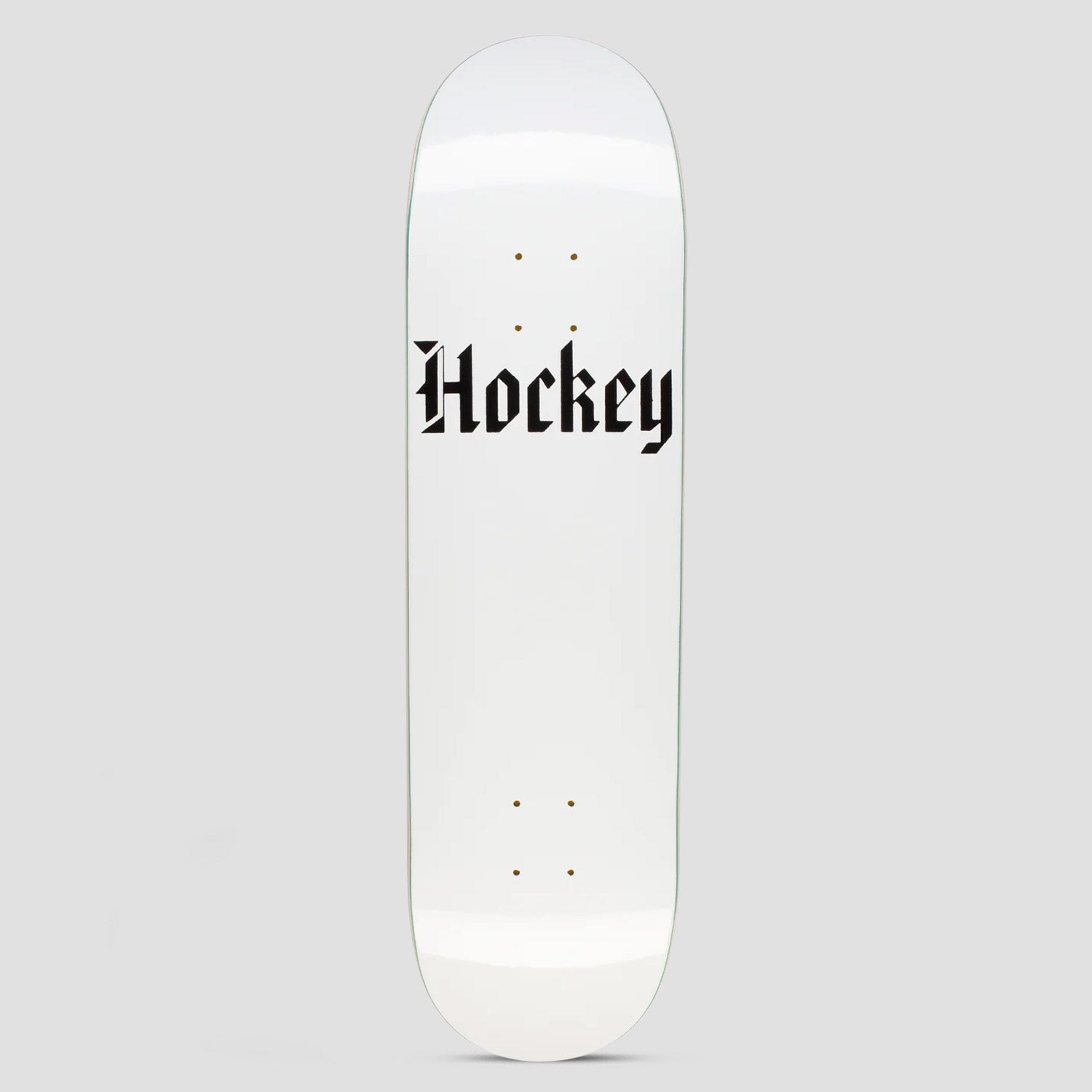 Hockey Stone Board Shape 2 skateboard deck: The brand name is set in black gothic blackletter on a plain glossy white ground, with no other graphic.